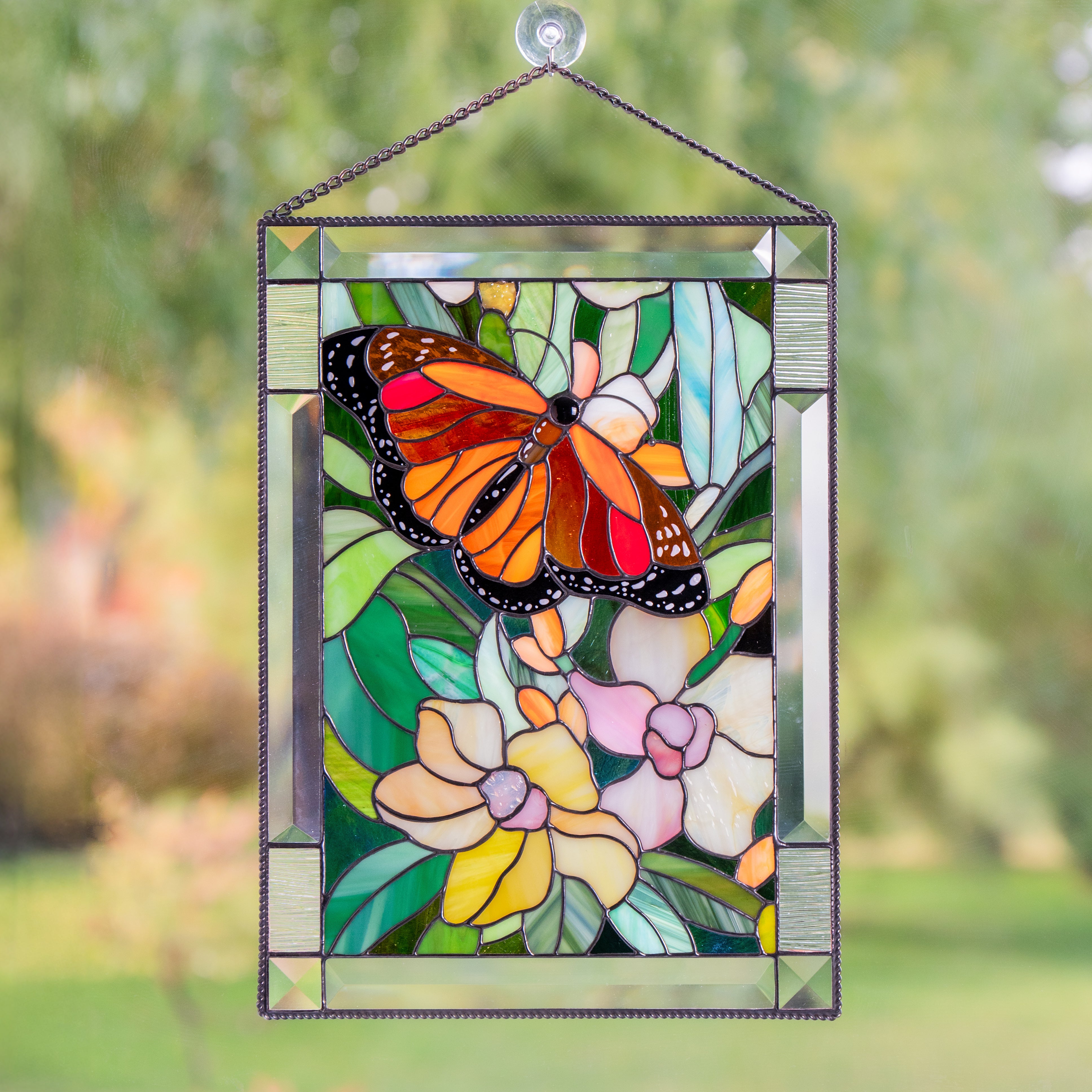 Flowers stained glass panel Monarch Butterfly with Orchids