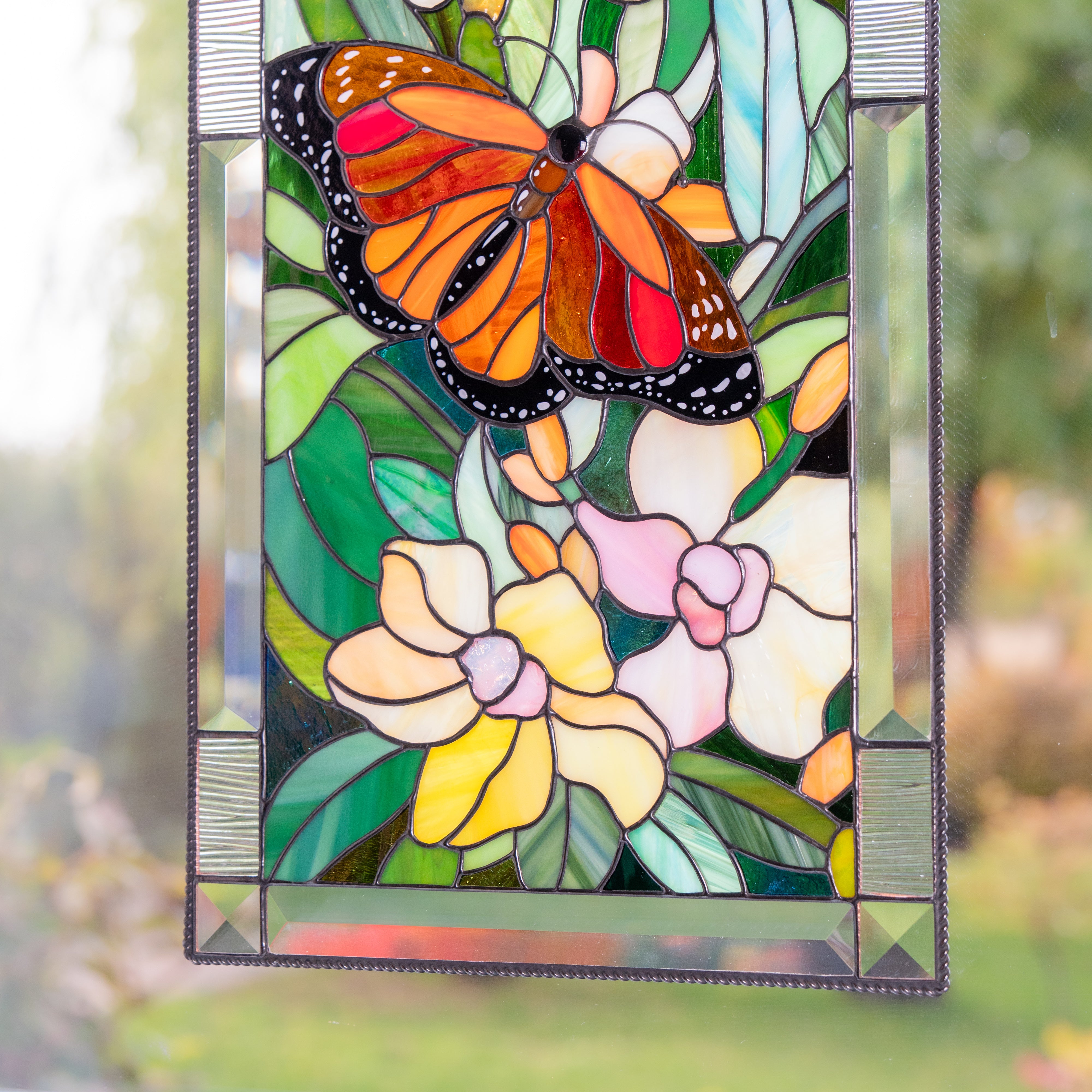 Flowers stained glass panel Monarch Butterfly with Orchids