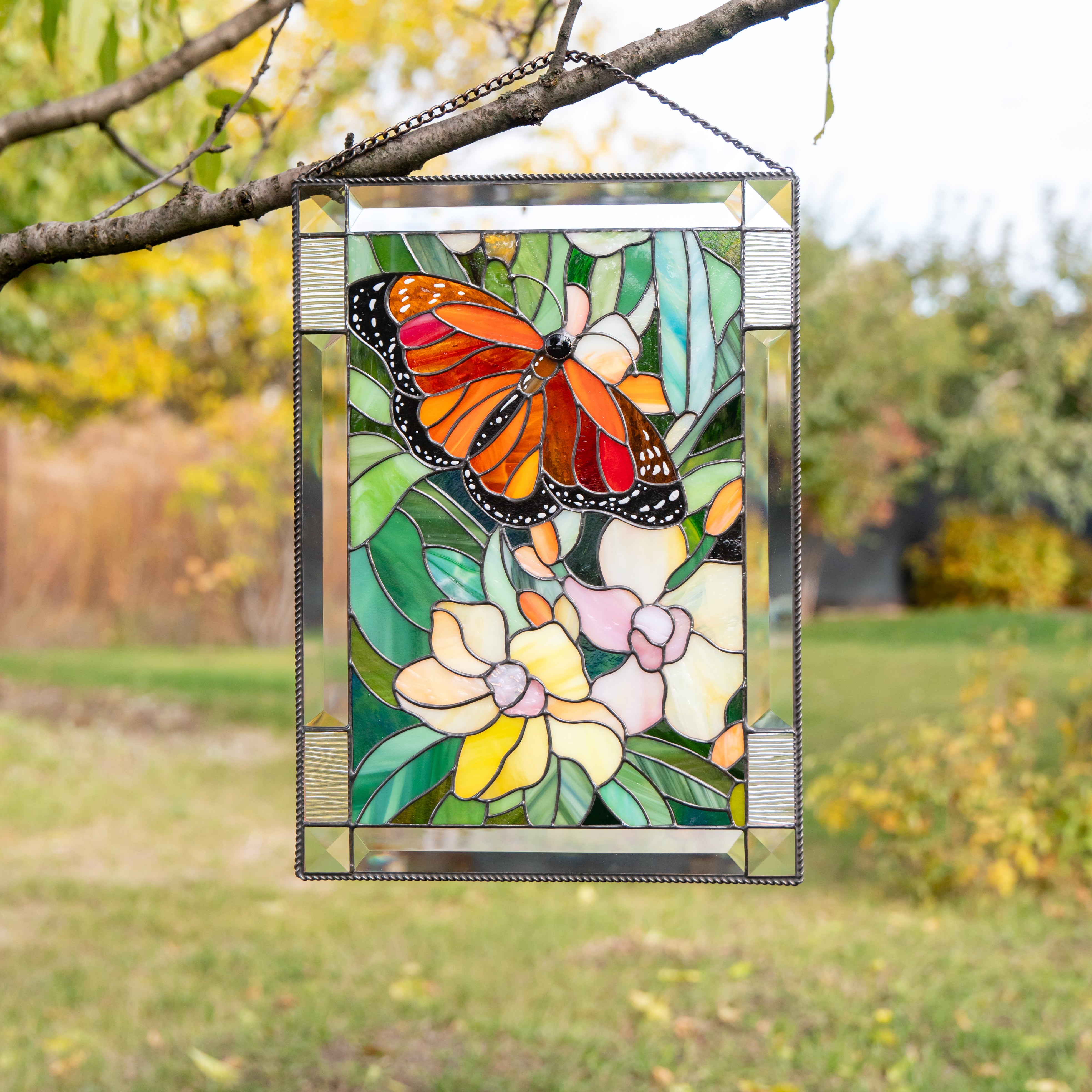 Flowers stained glass panel Monarch Butterfly with Orchids