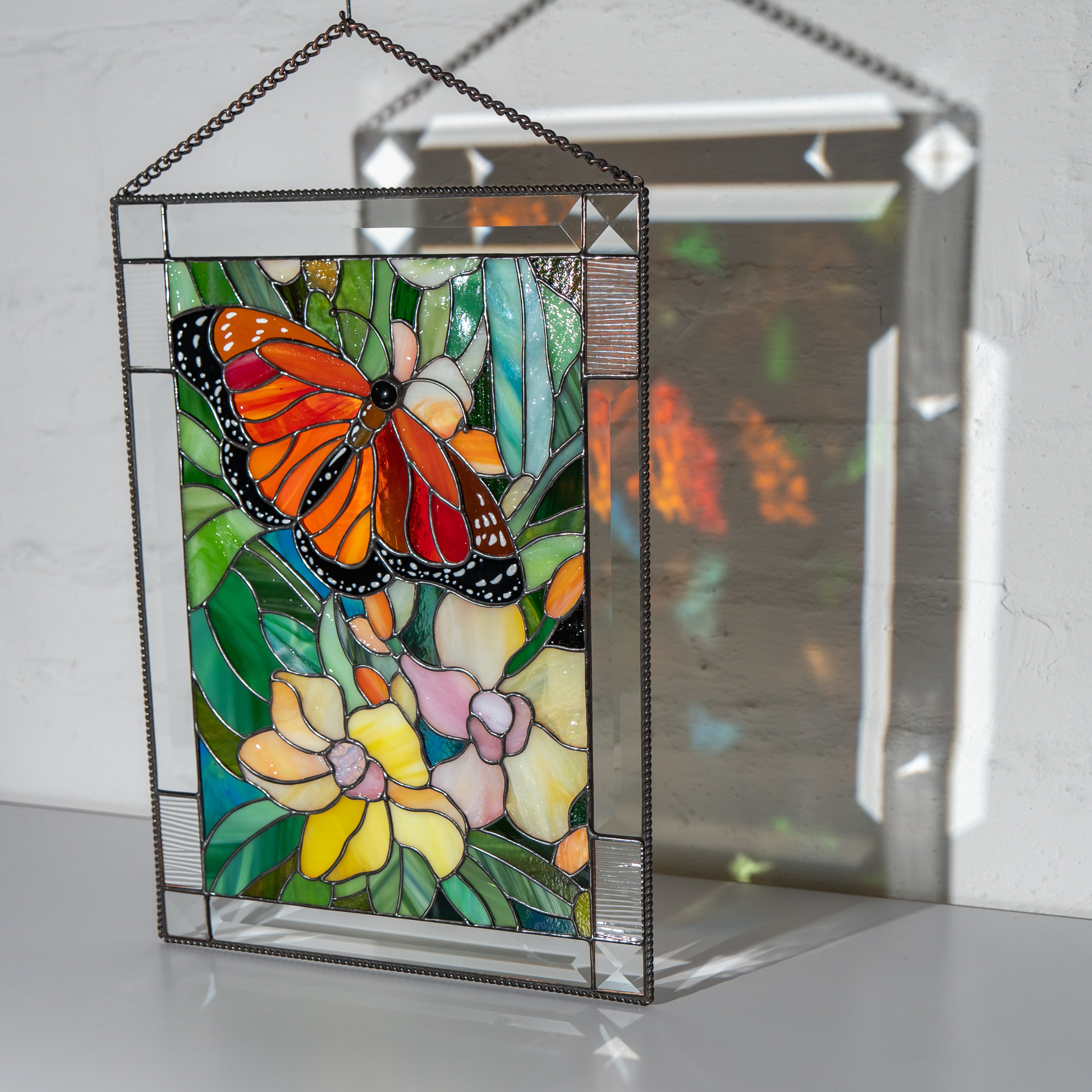 Flowers stained glass panel Monarch Butterfly with Orchids