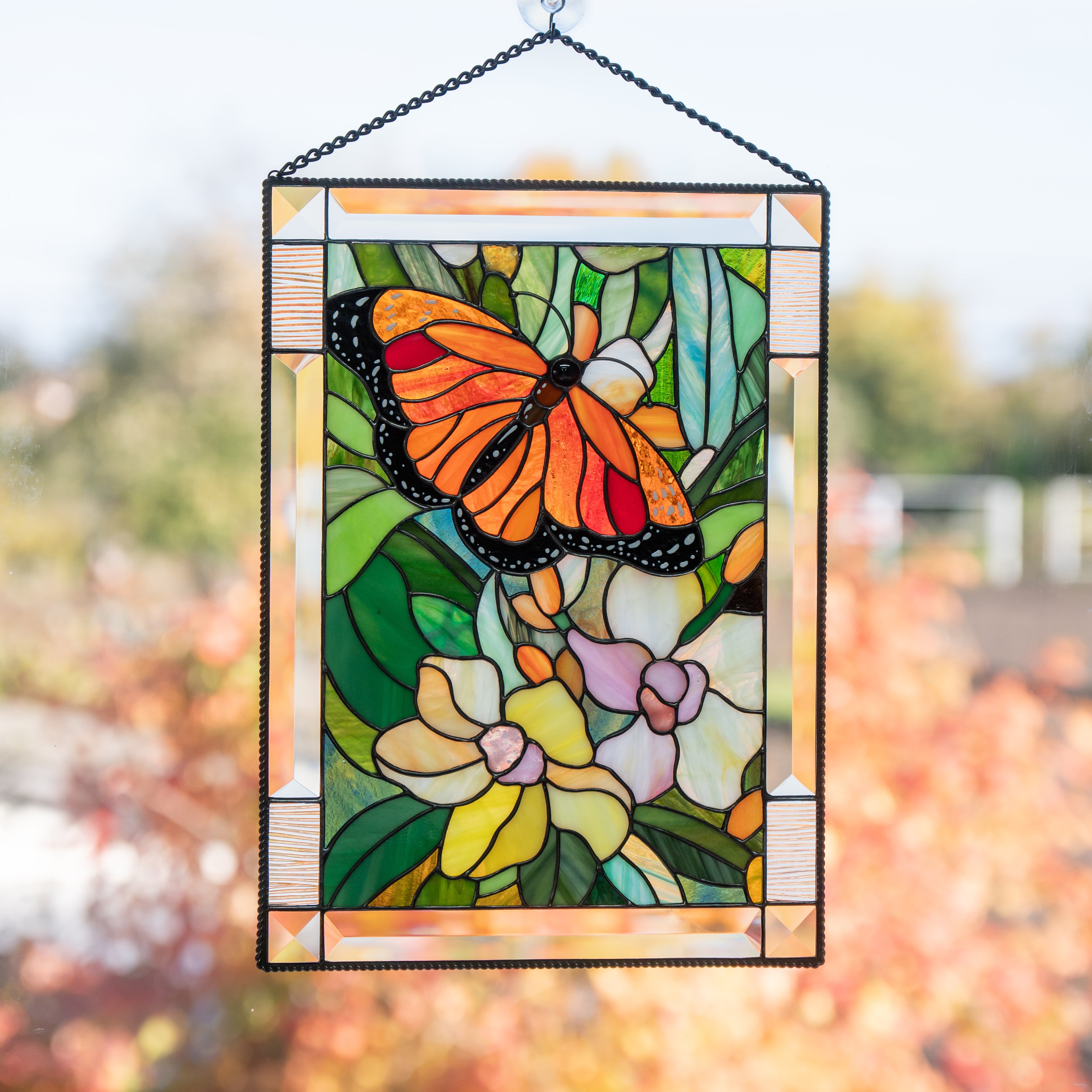 Flowers stained glass panel Monarch Butterfly with Orchids