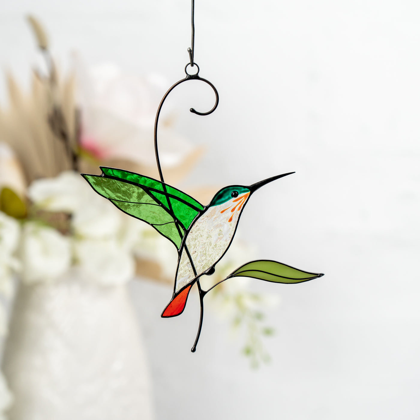 flying green hummingbird stained glass light catcher 