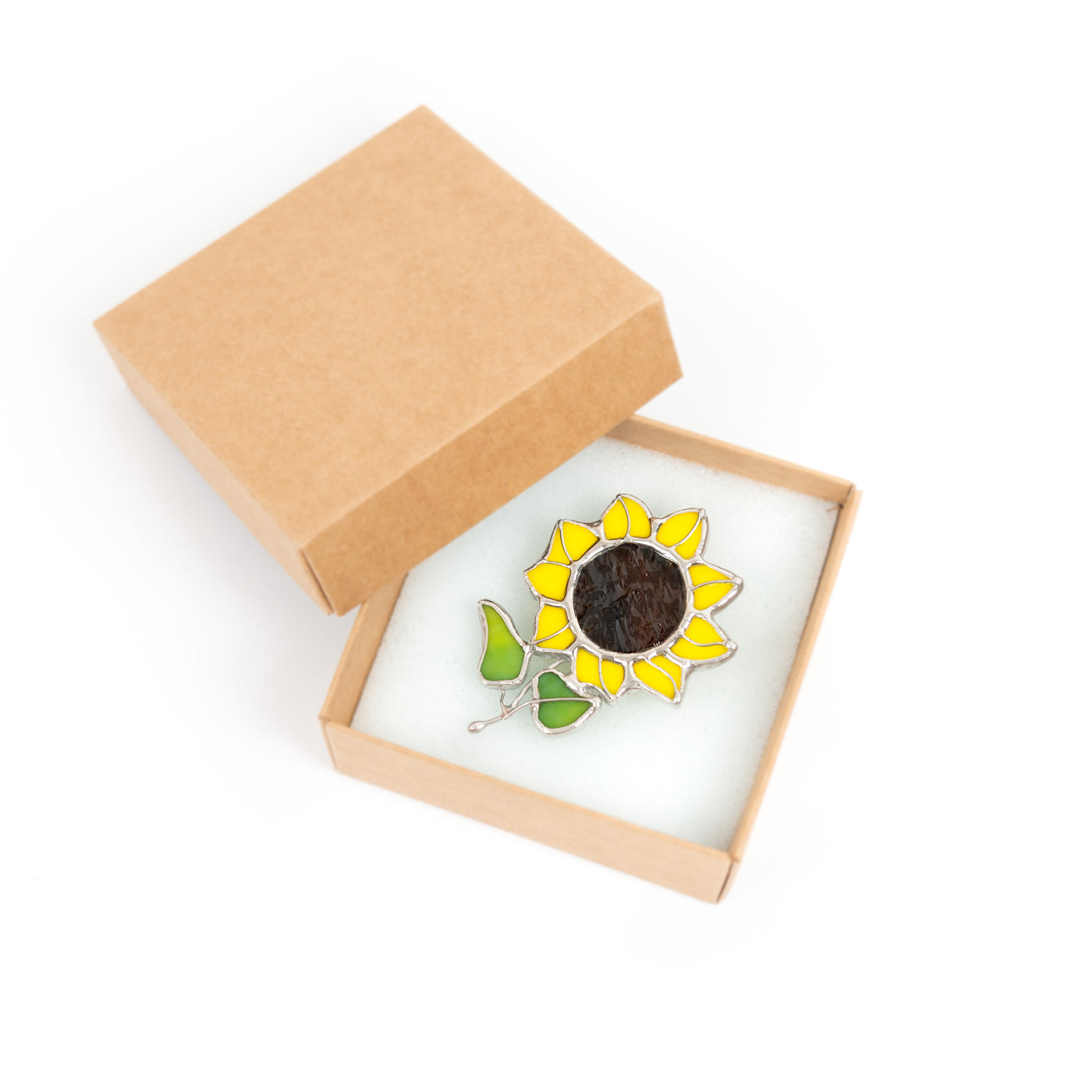 Sunflower pin stained glass pin in the box
