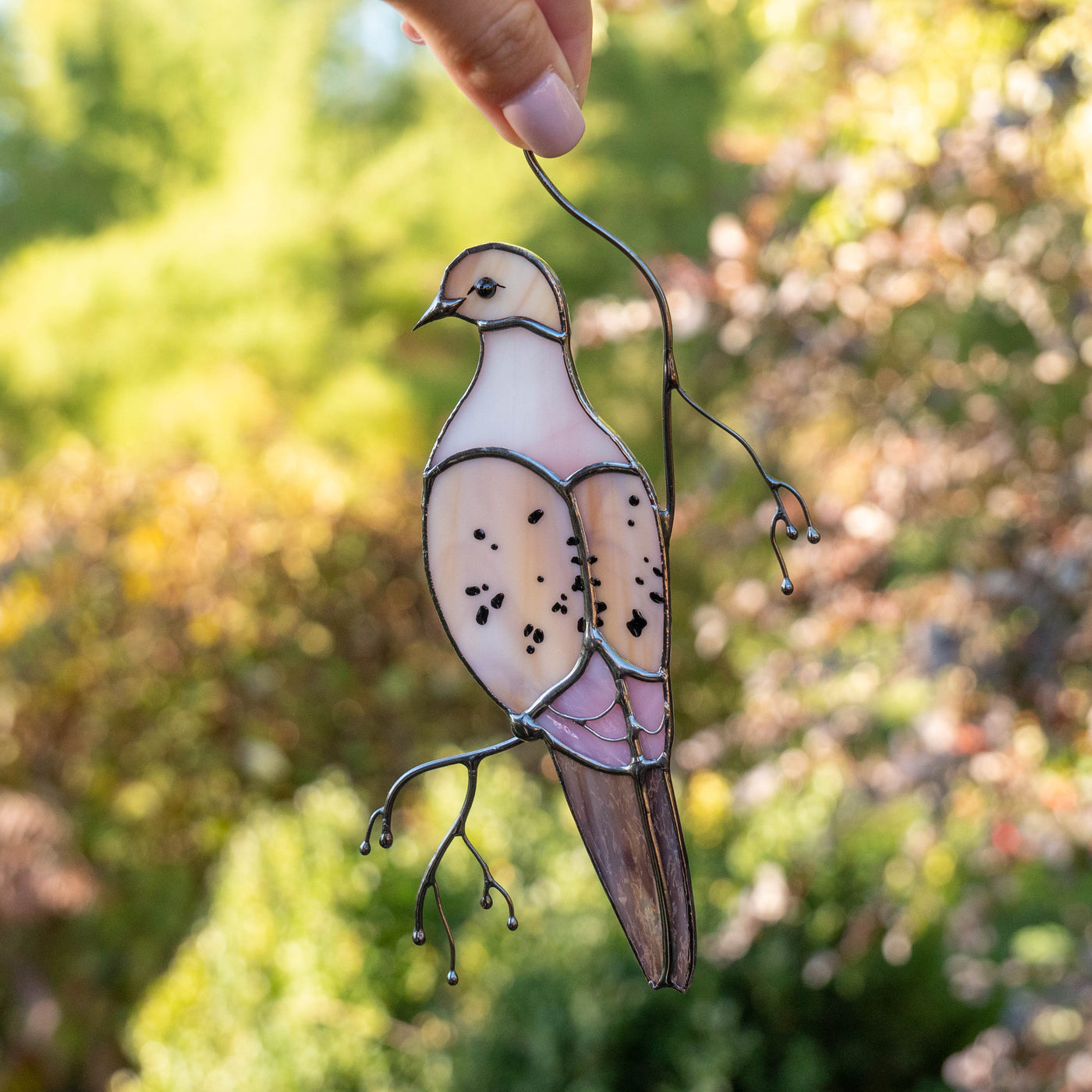 stained glass mourning dove on the branch suncatcher