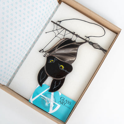 Halloween artwork of stained glass bat in the brand box of Glass Art Stories