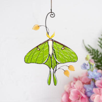 green luna moth made of modern stained glass
