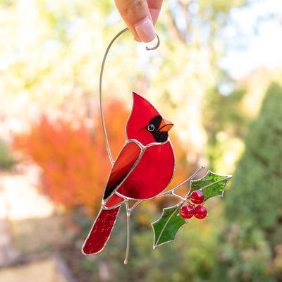 red male cardinal bird with holly leaves stained glass ornament
