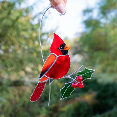 red cardinal stained glass decor for outdoor and indoor