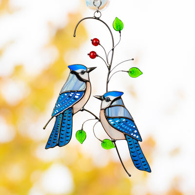the pair of blue jays stained glass window hanging