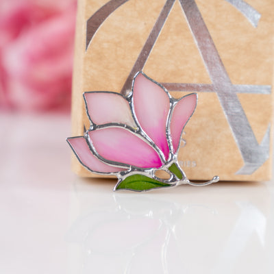 Stained glass magnolia brooch and the brand box