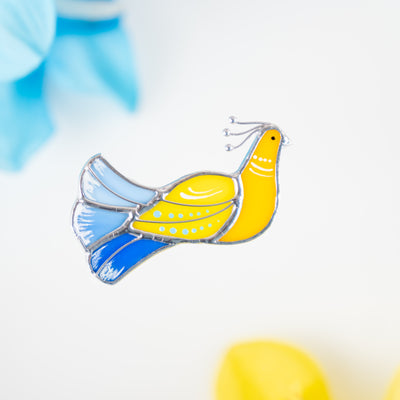 Yellow blue firebird brooch of stained glass