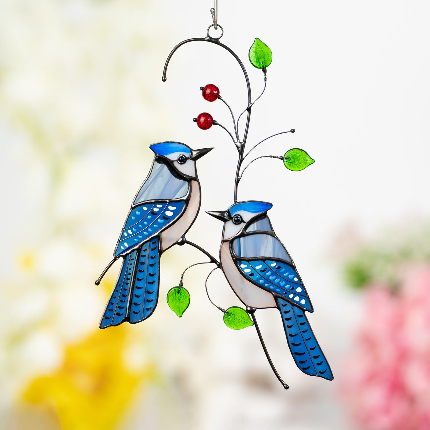 handcrafted glass blue jays ornament