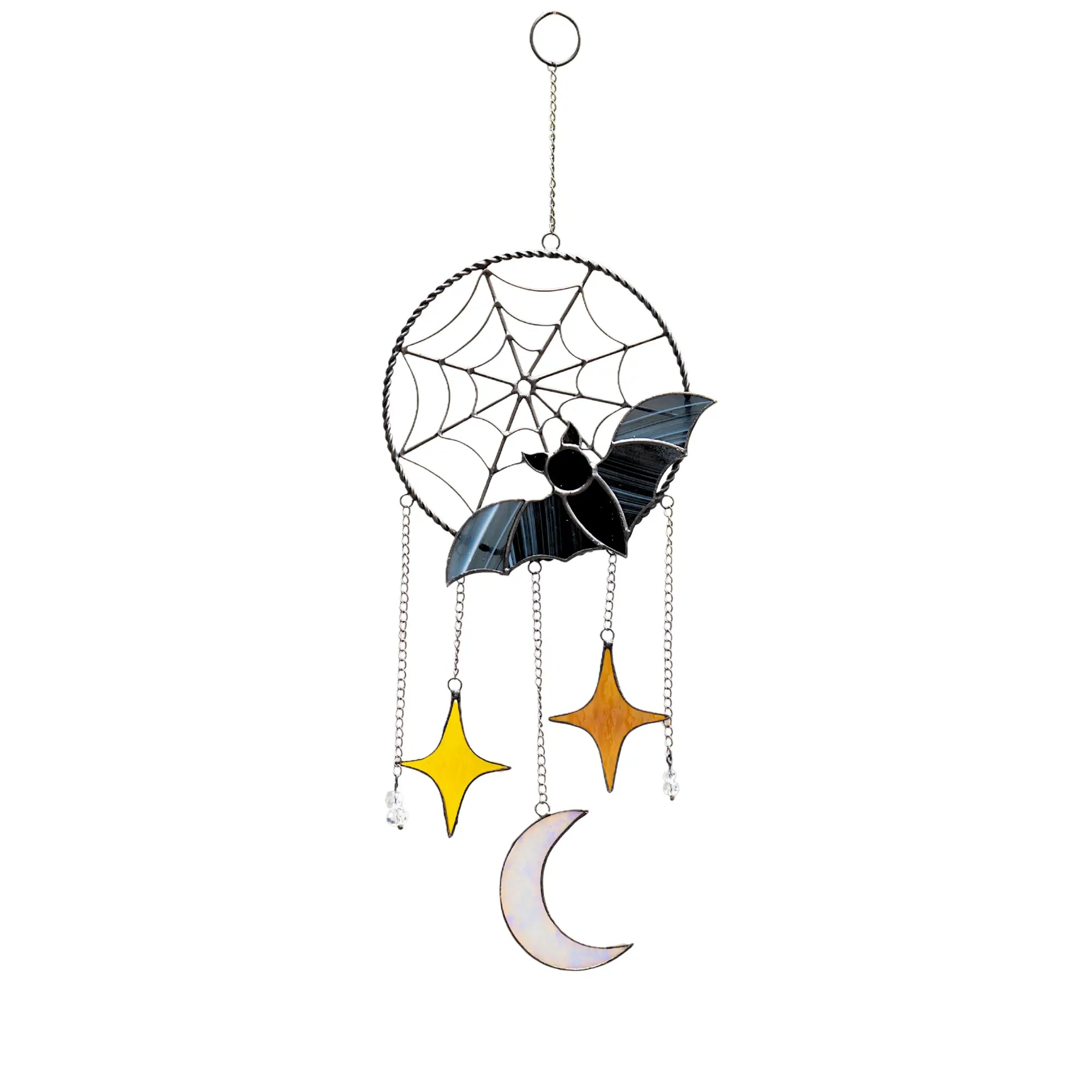 Decorative Halloween dreamcatcher with bat, spider web, stars, and moon on a white background