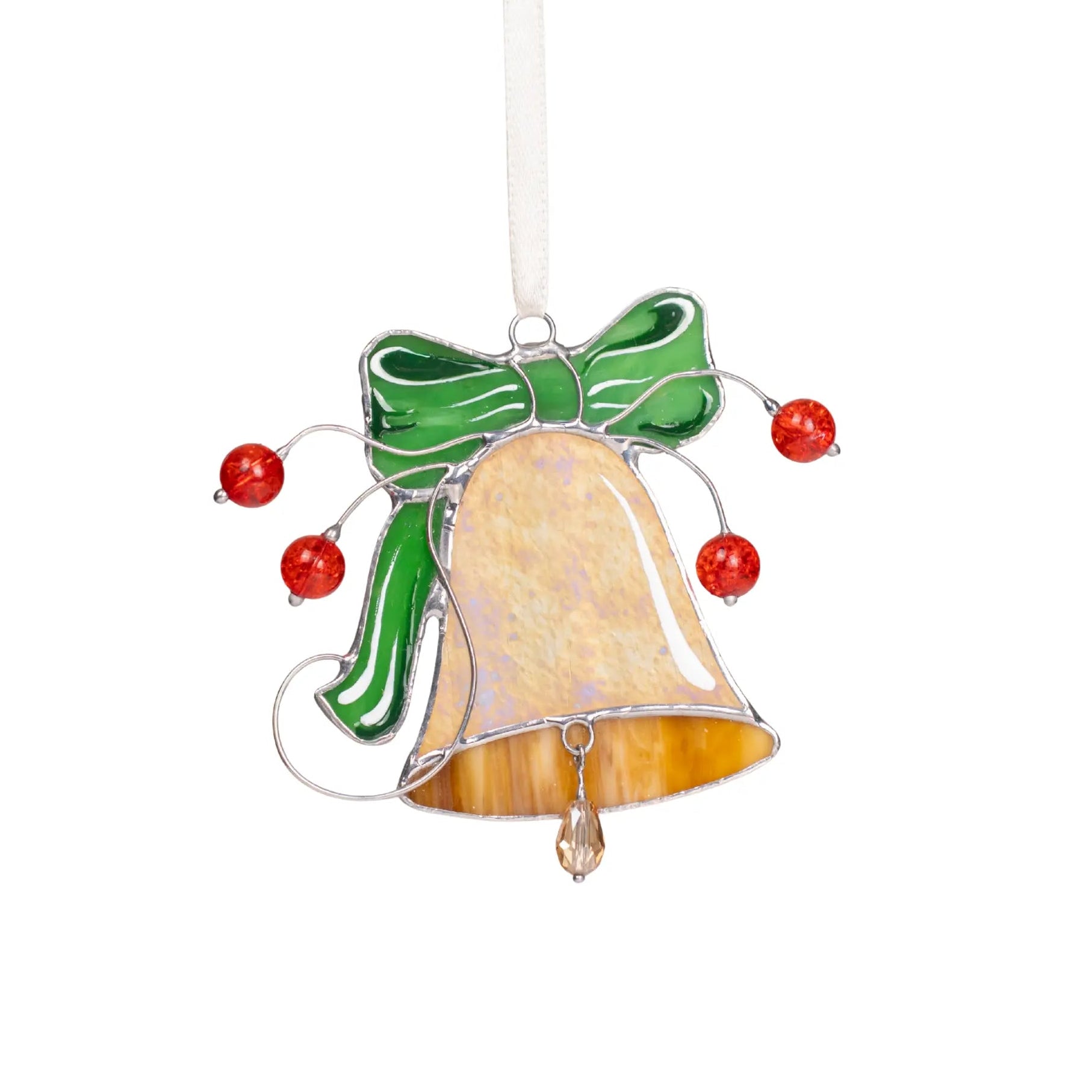 Stained glass bell ornament with green bow and red beads on a white background
