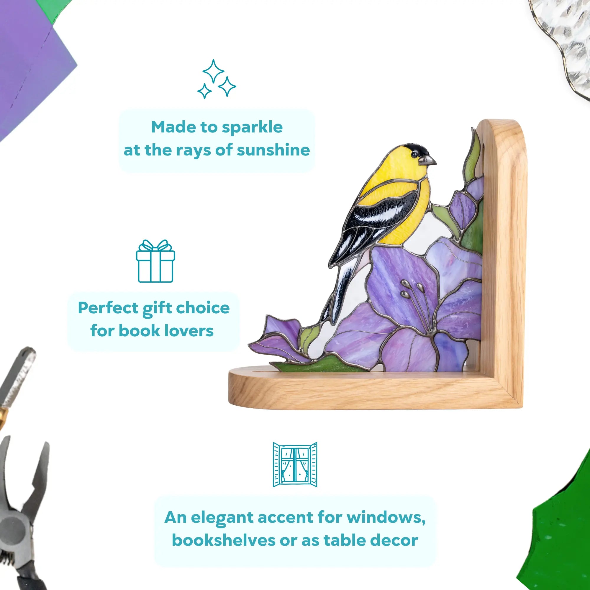 Stained glass bookend with a goldfinch and flowers on a wooden base, as a perfect gift for book lovers