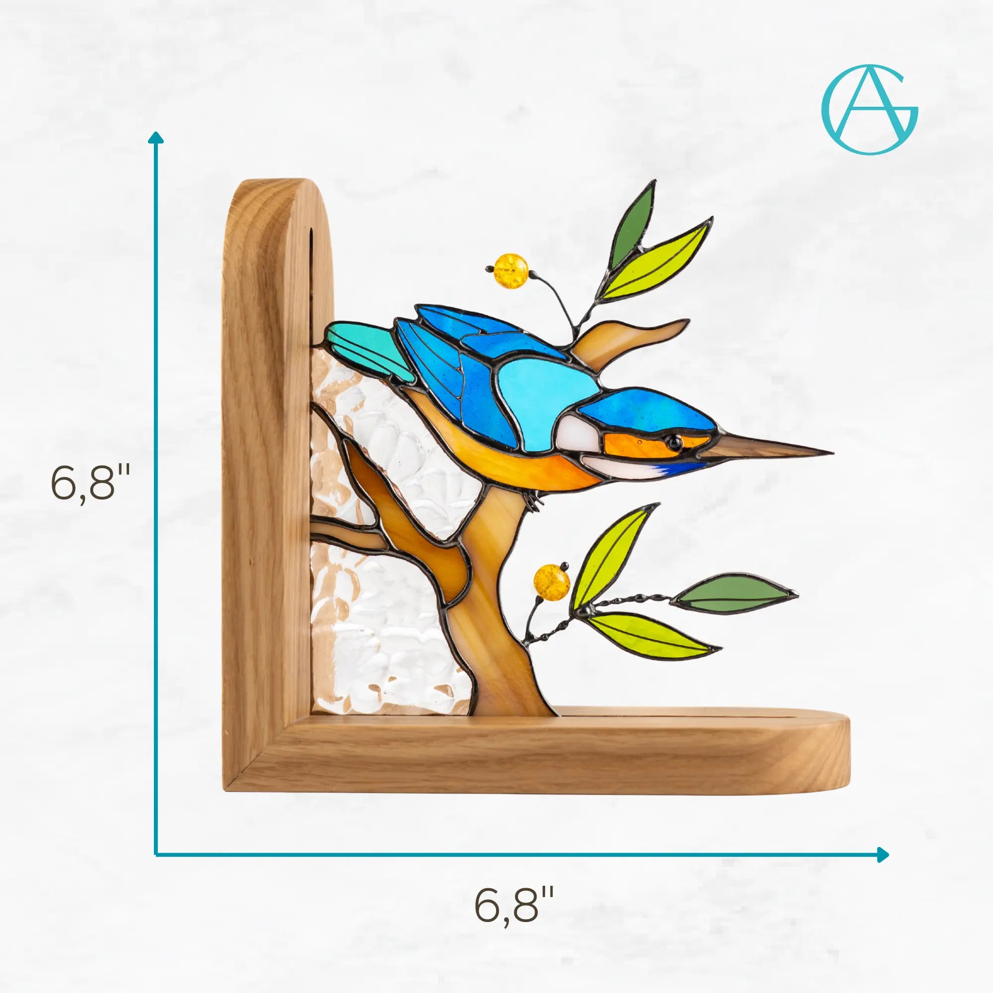 Stained glass bookend with stained glass bird design and wooden base, showing dimensions 6,8 x 6,8 inches