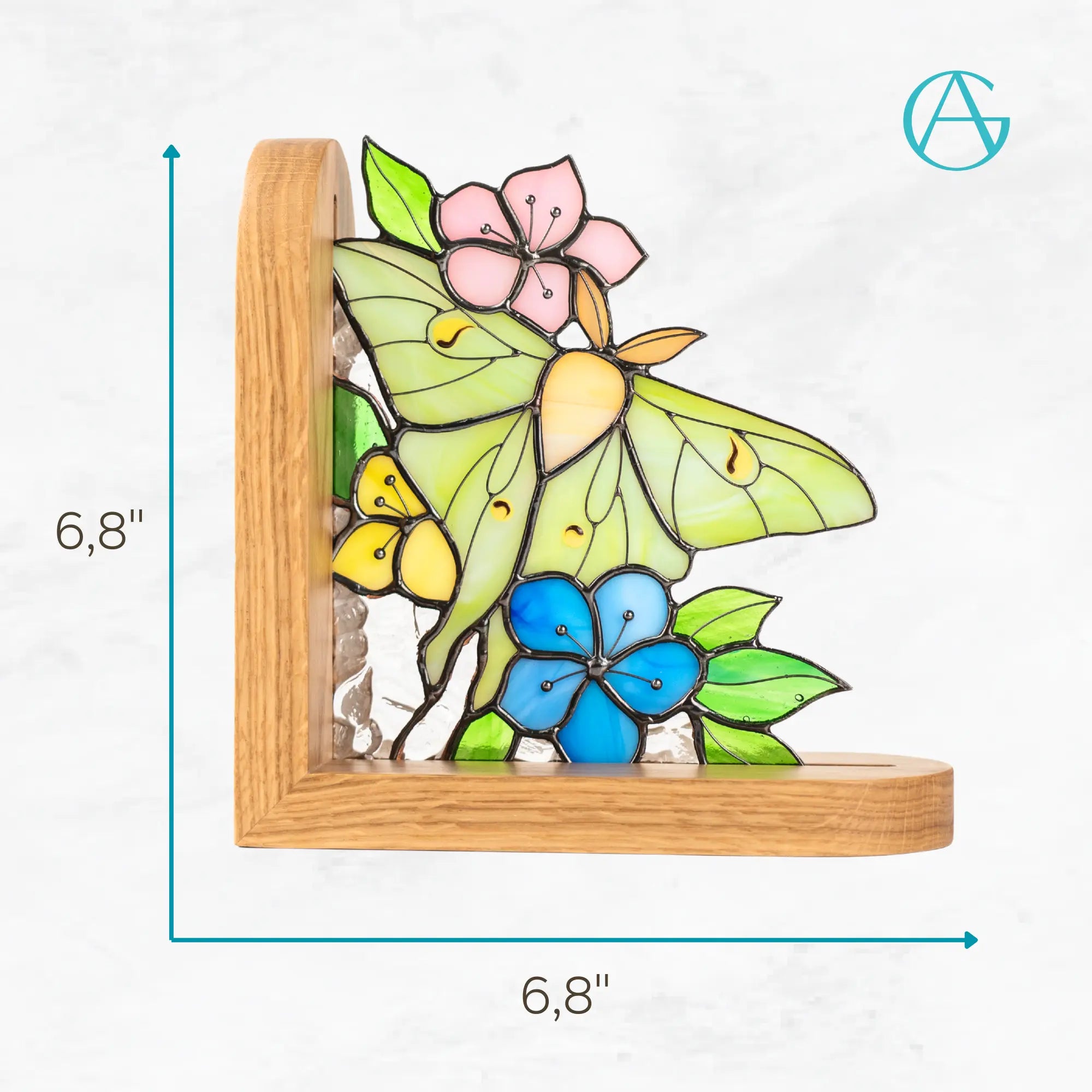 Stained glass bookend with luna moth butterfly and flowers on a white background with dimensions: 6,8 x 6,8 inches
