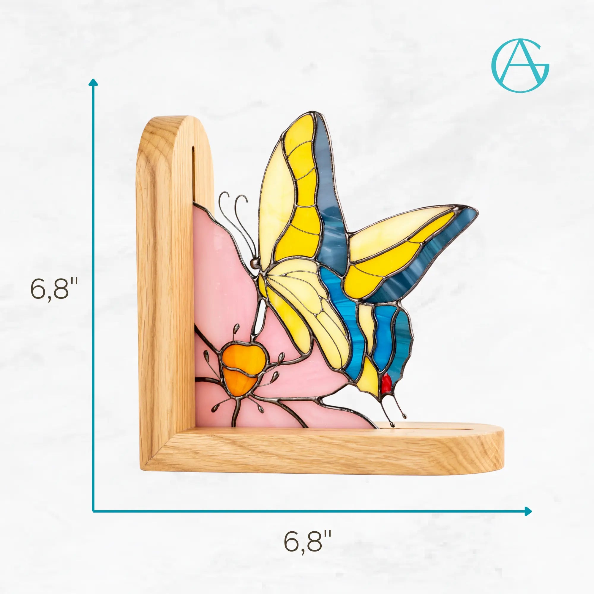 Stained glass butterfly bookend on a wooden base with dimensions indicated.