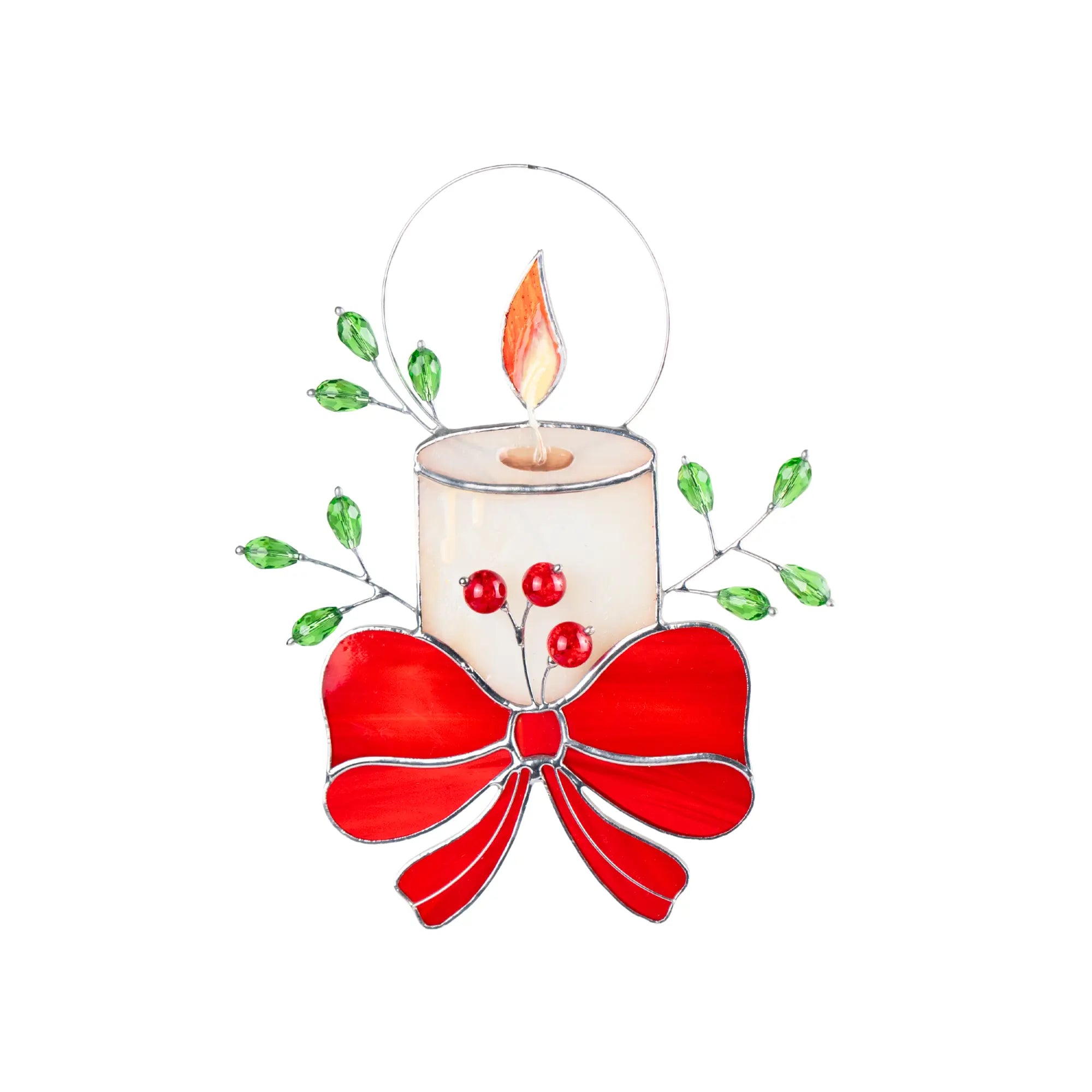 Stained glass suncatcher candle with a red bow and beads on a white background