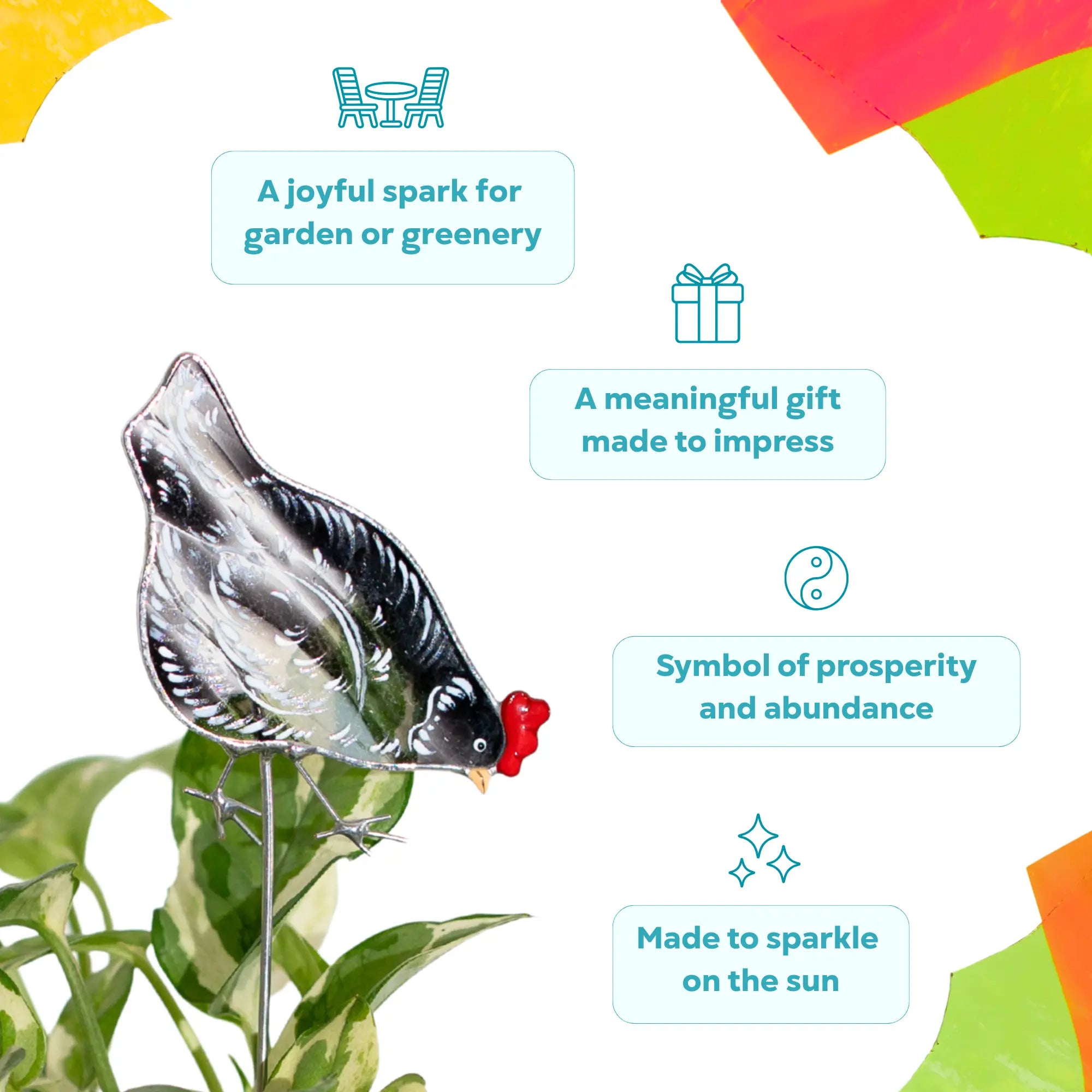 Decorative stained glass chicken plant stake as a symbol of prosperity and abundance