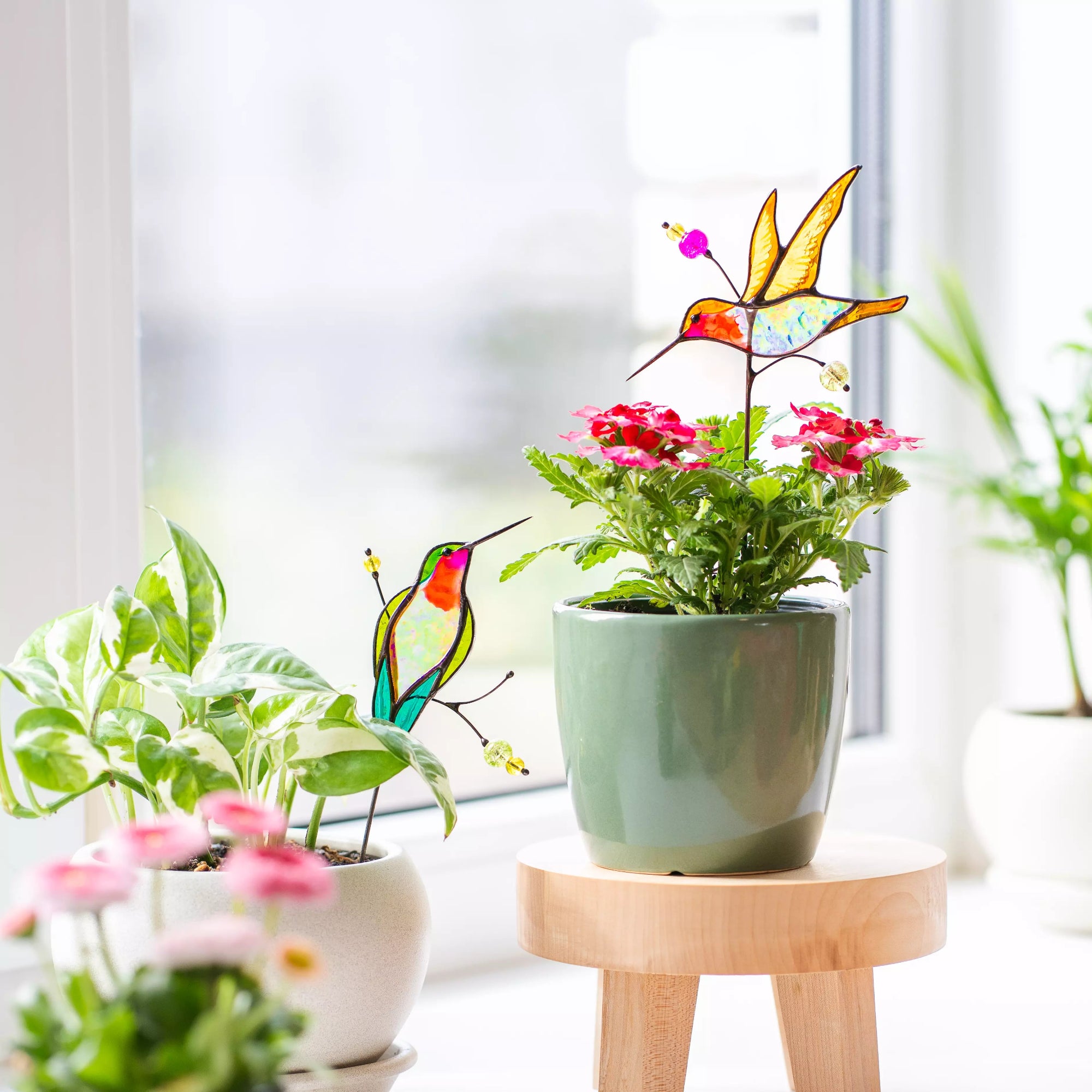 Stained glass hummingbirds on a potted plant with a window in the background