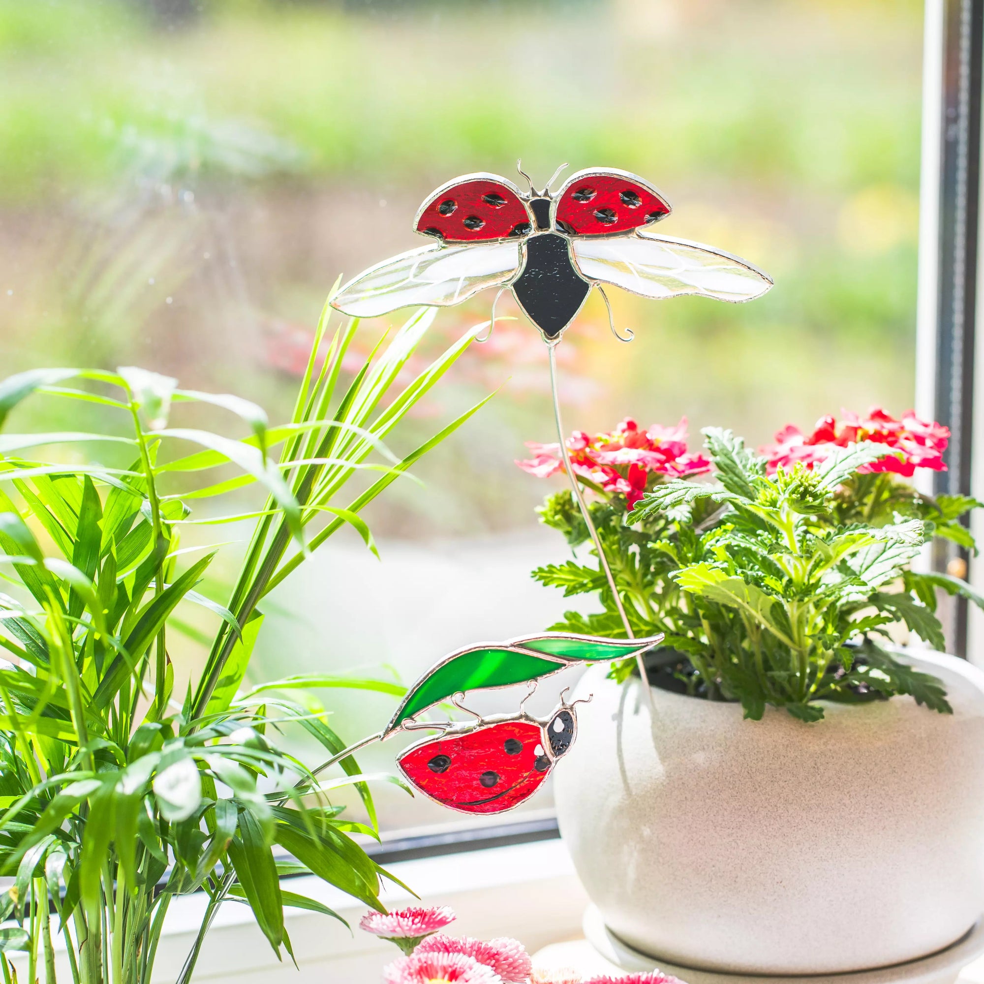 Stained glass ladybug on a plant with a window and flowers in the background