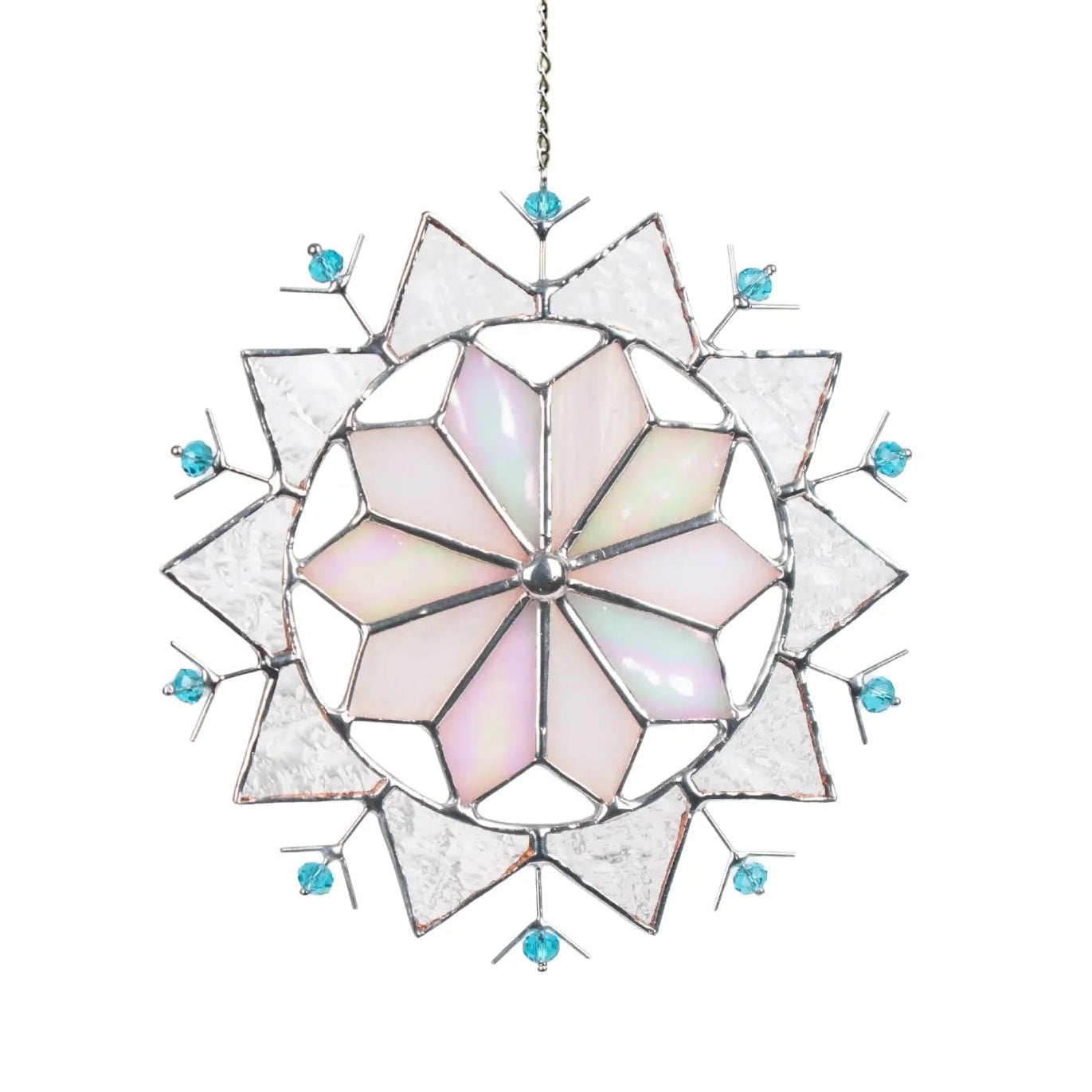 Stained glass suncatcher with snowflake design with blue beads on a white background