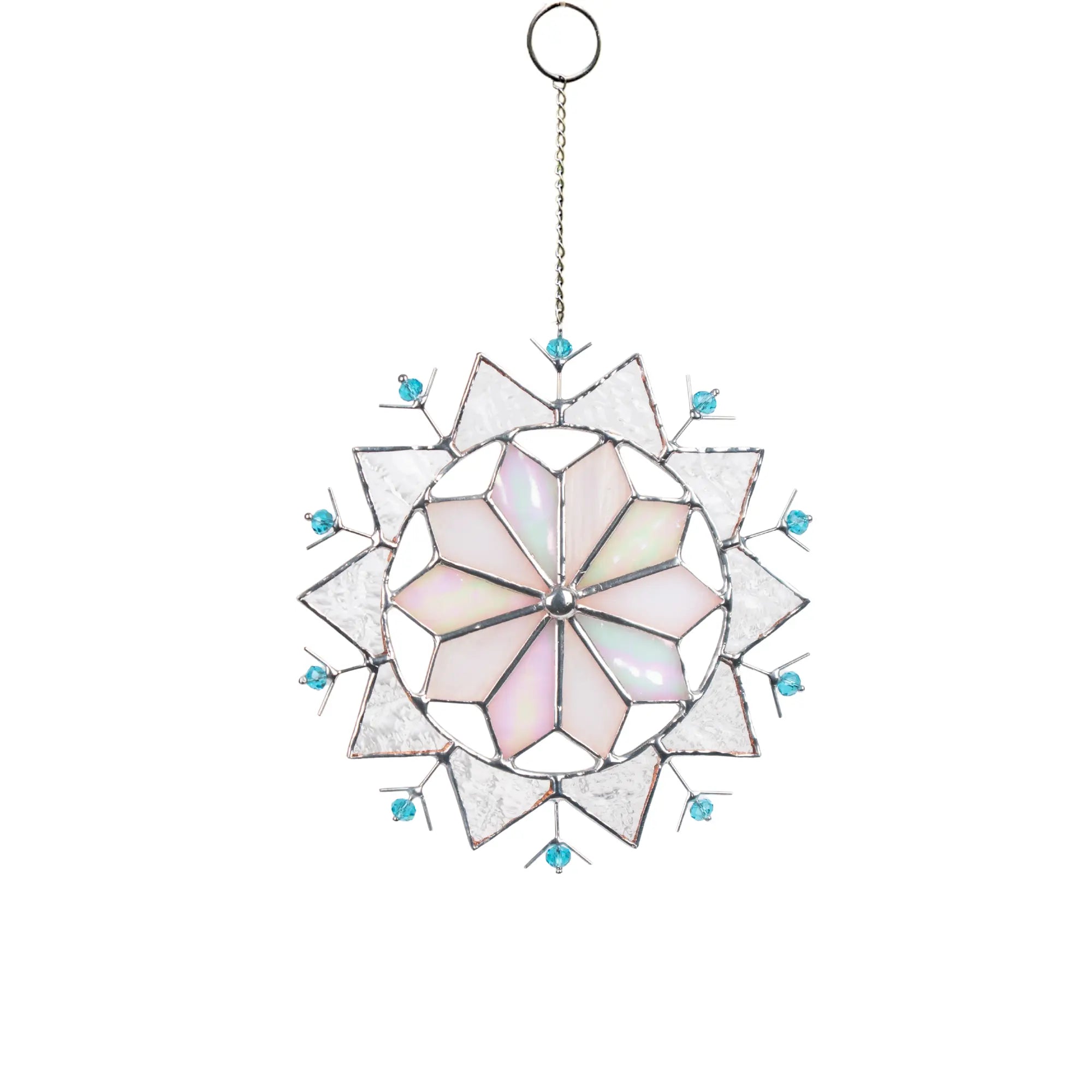 Stained glass suncatcher with snowflake design with blue beads on a white background
