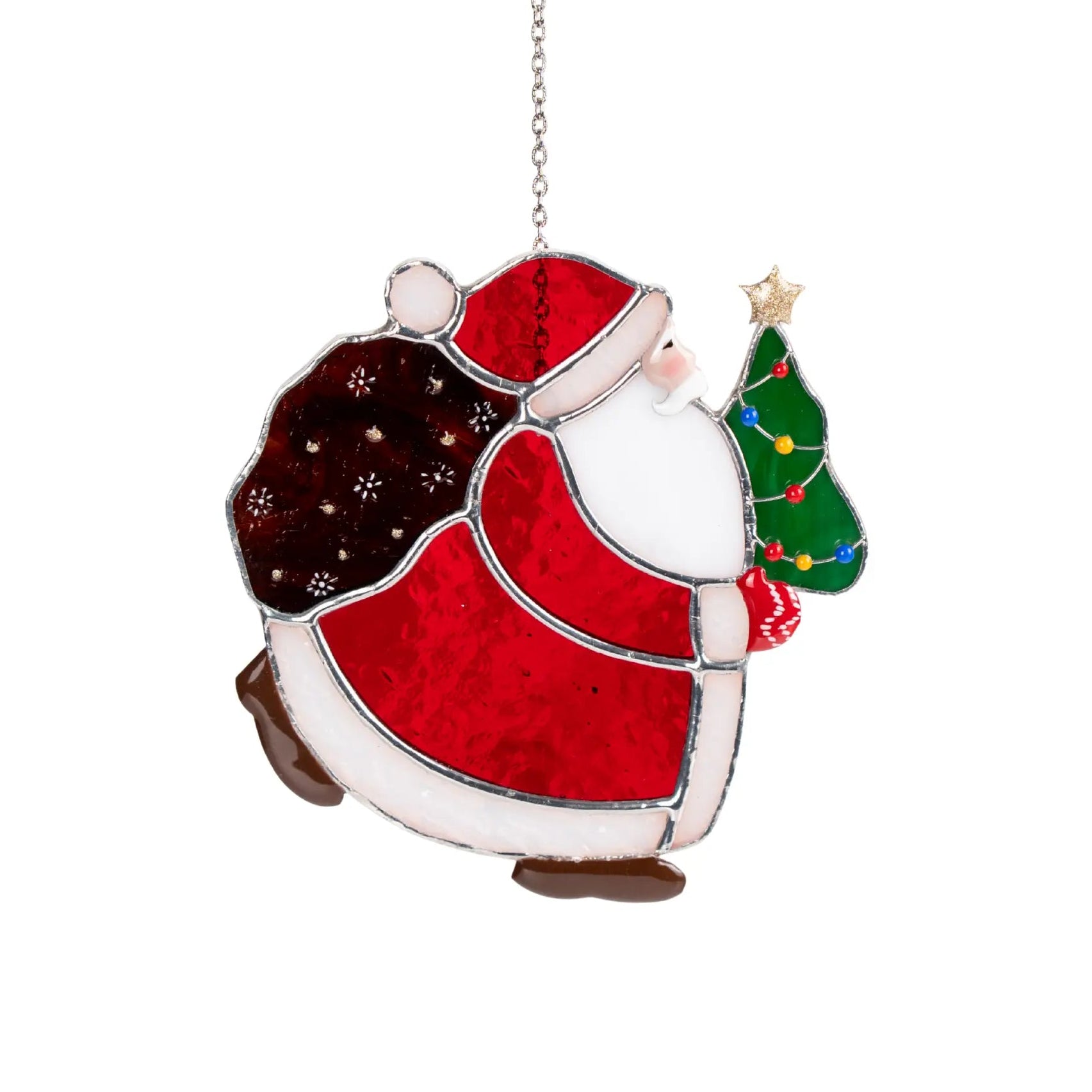 Decorative window hanging of a Santa with a Christmas tree on a white background