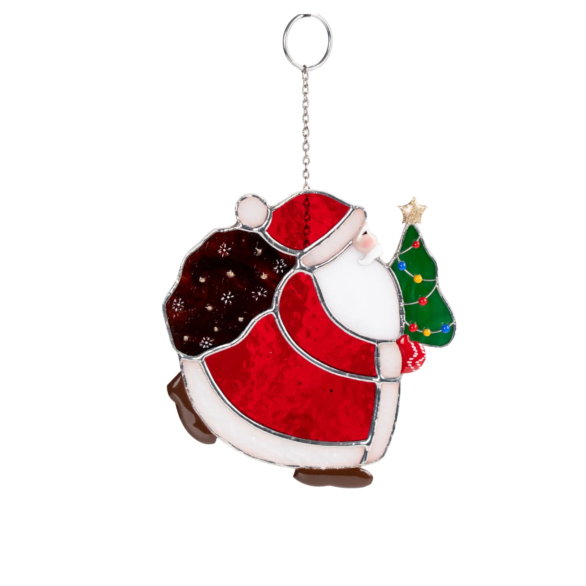 Decorative window hanging of a Santa with a Christmas tree on a white background