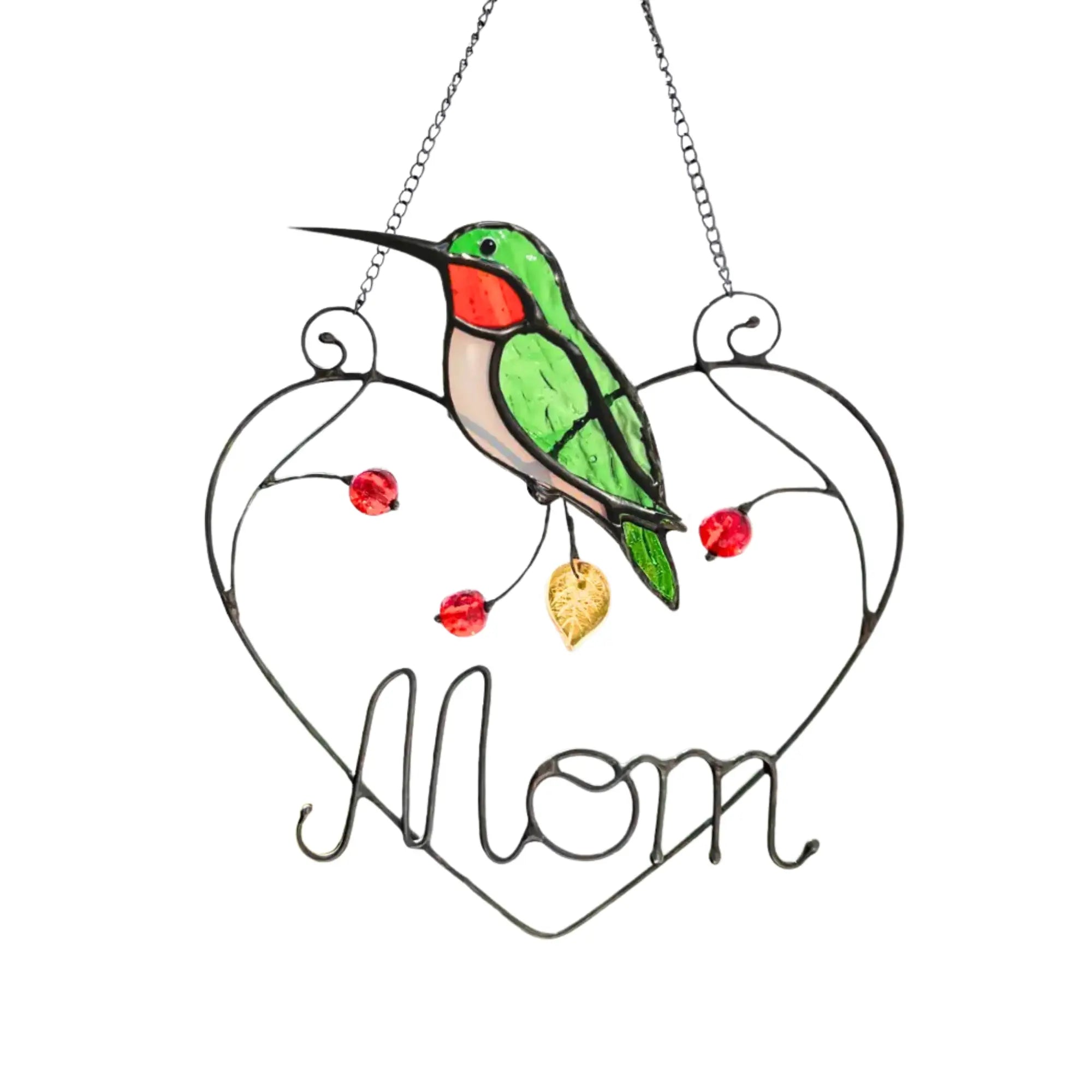 Stained glass suncatcher with a green hummingbird, red flowers, and 'Mom' text on a white background.