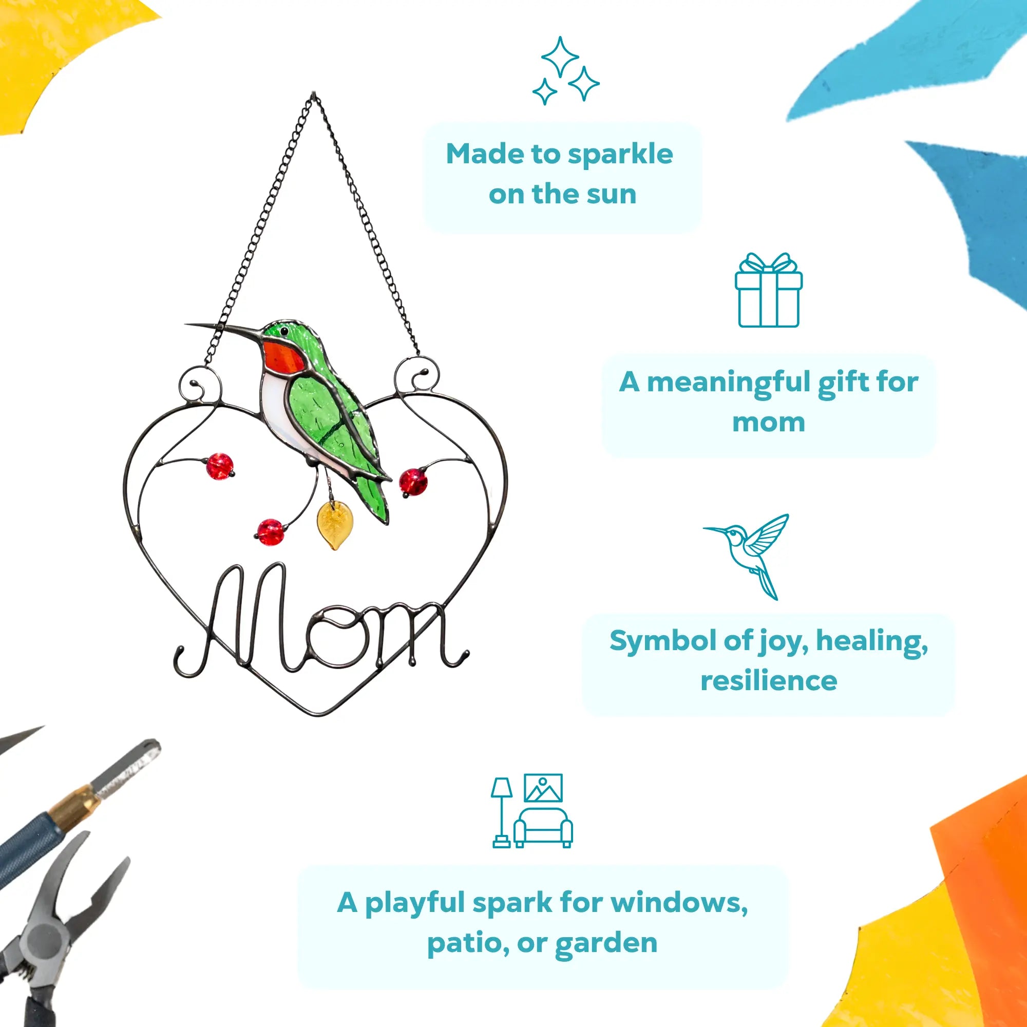 Decorative stained glass ornament with a hummingbird design as a symbol of joy