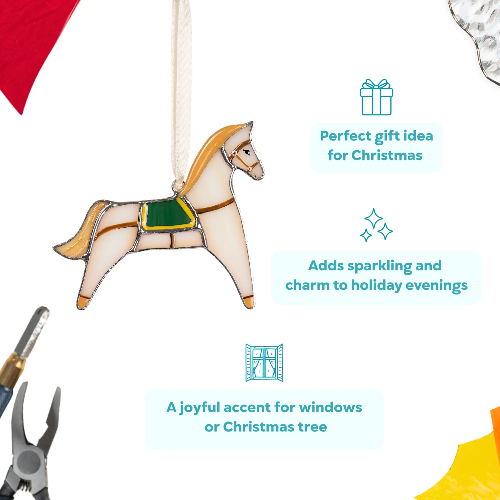 Stained glass horse suncatcher as a joyful accent for Christmas tree