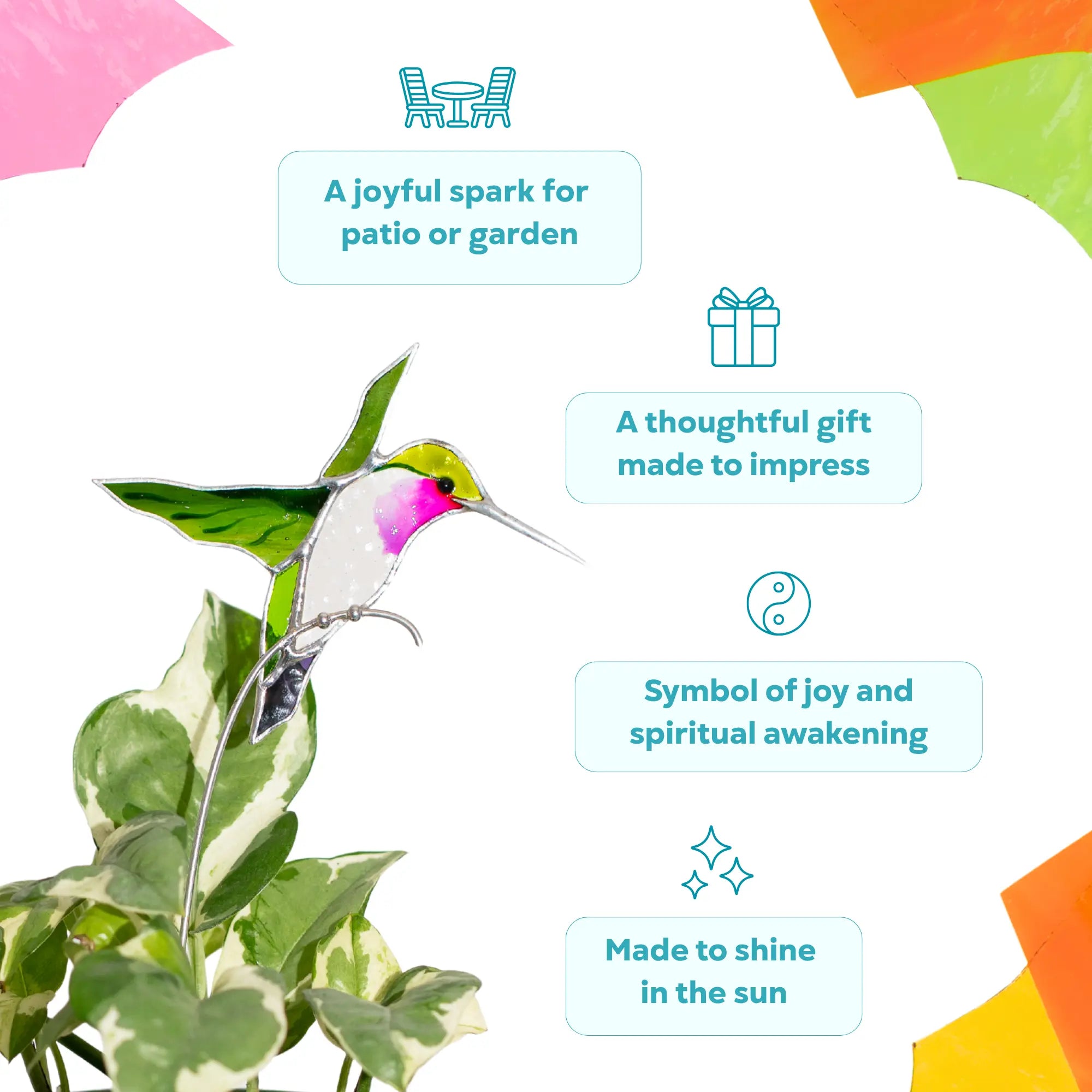 Stained glass hummingbird plant stake as a thoughtful gift made to impress