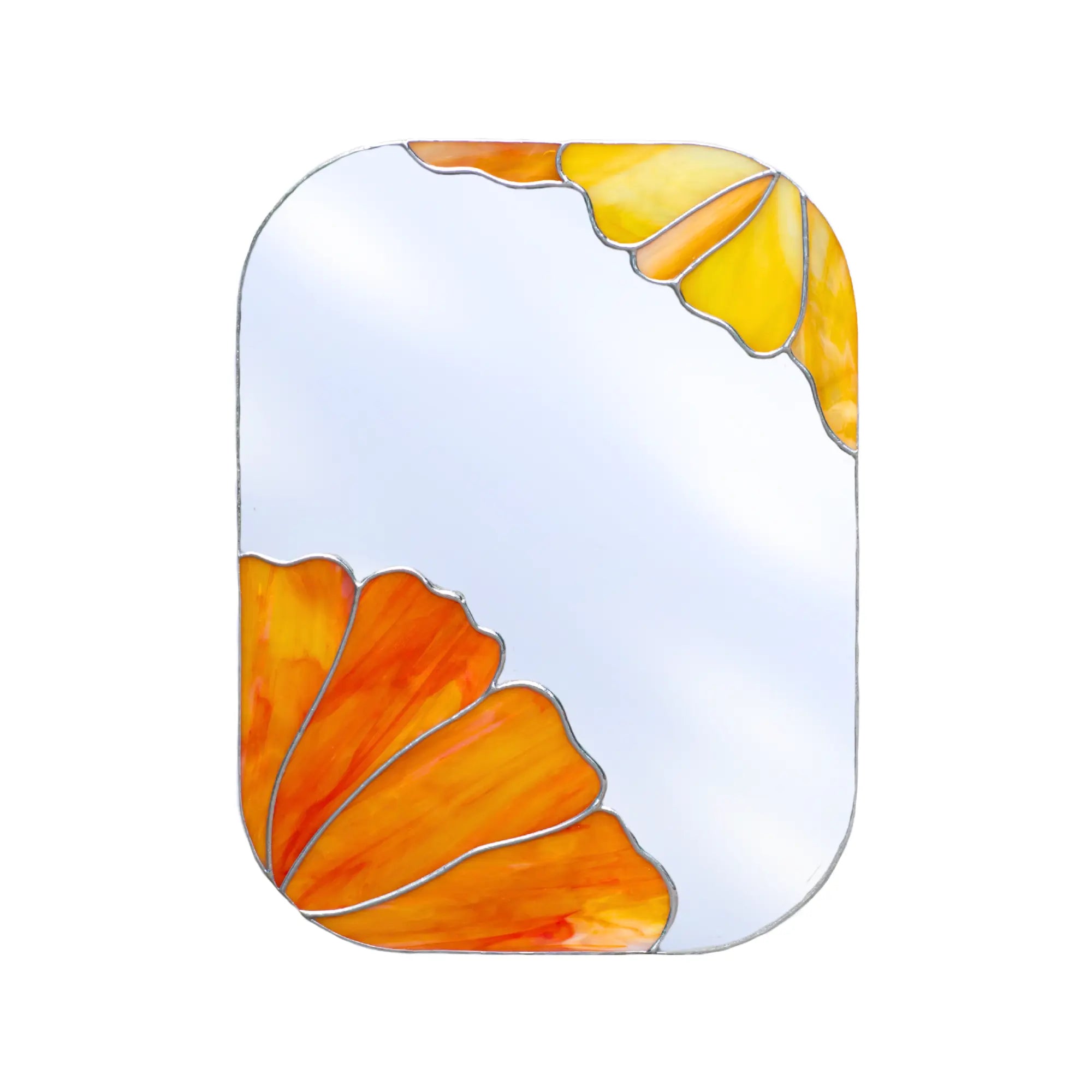 Stained glass mirror with orange and yellow floral design on a white background