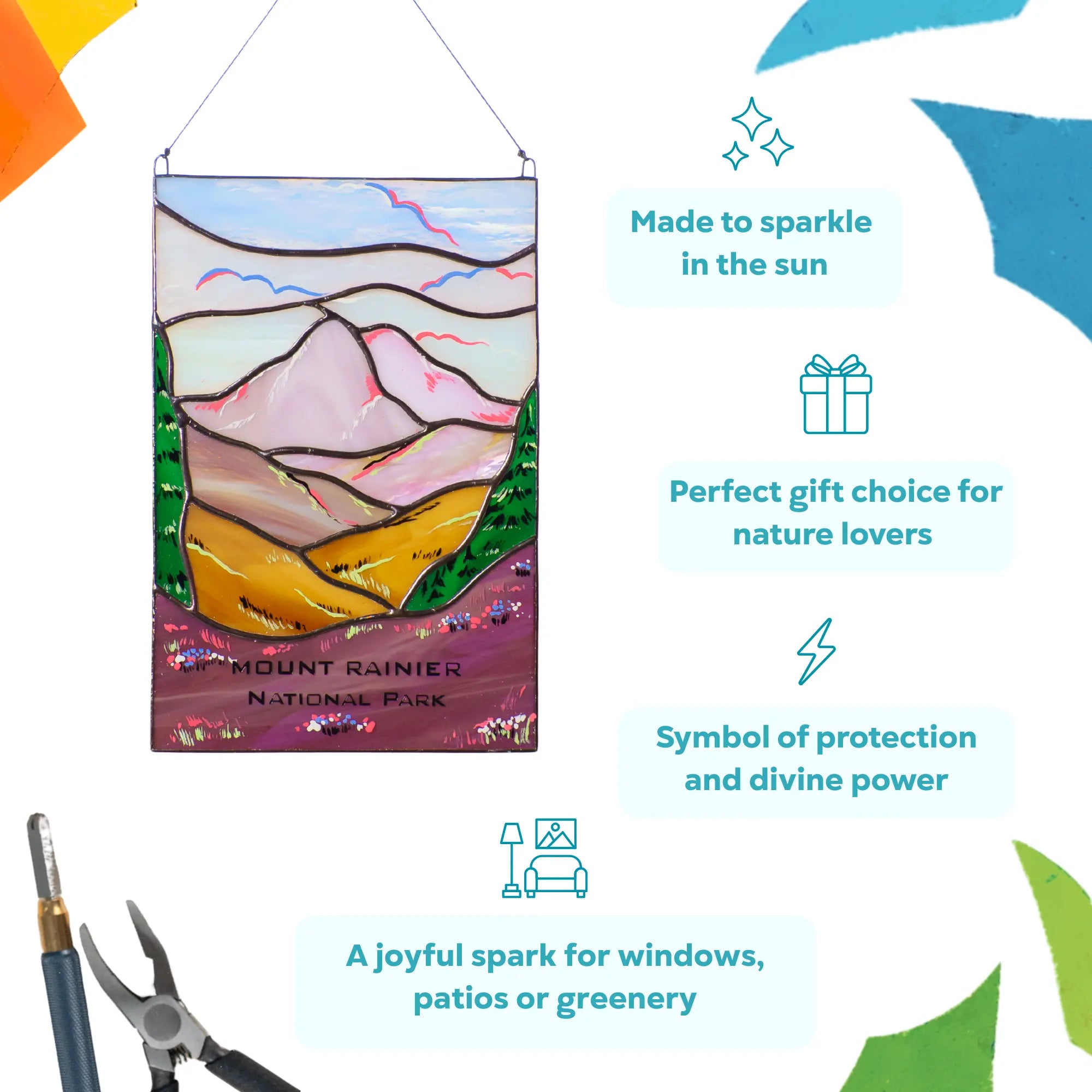 Stained glass Mount Rainier panel shown with highlights about its calming energy and handmade artistic quality.