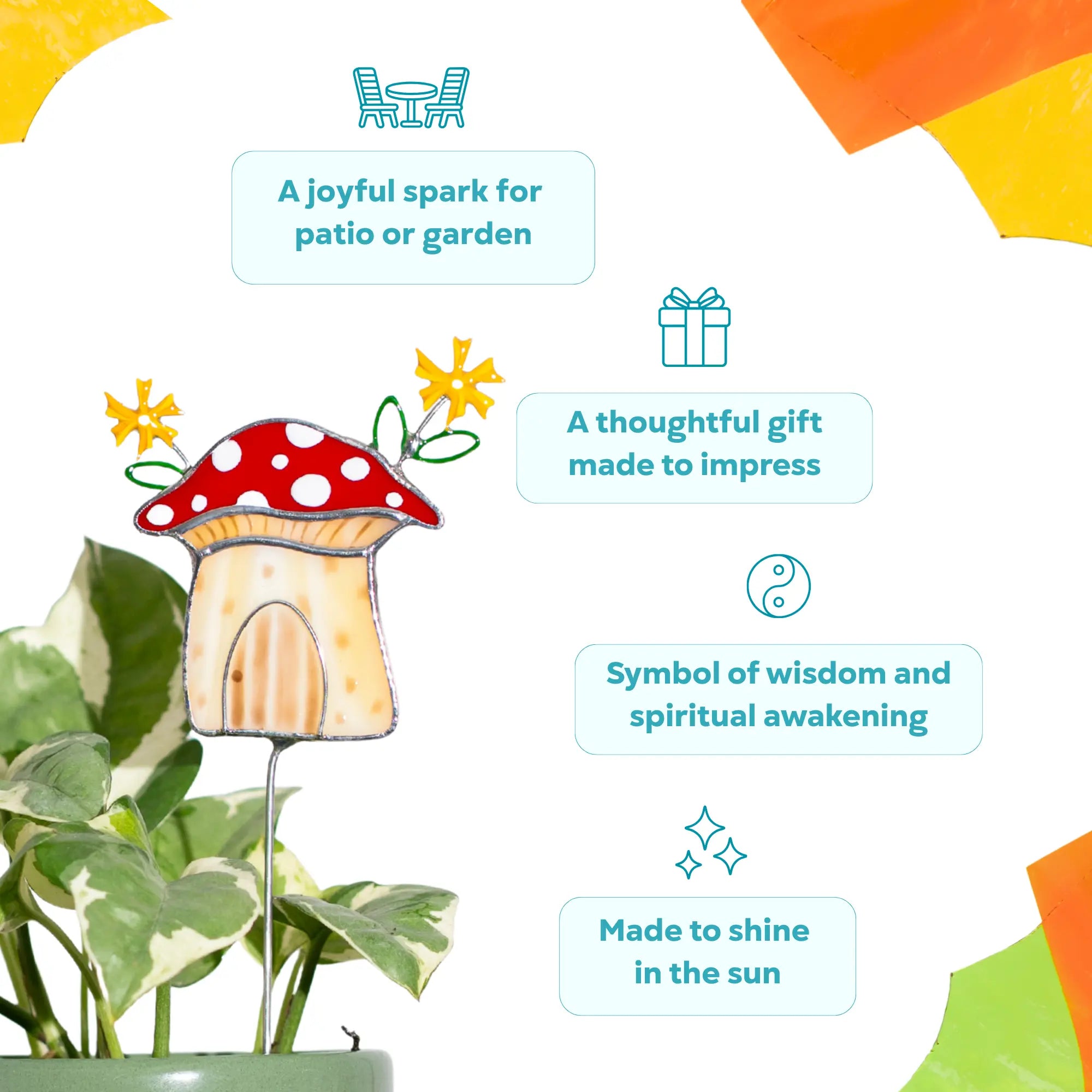 Stained glass mushroom-shaped house plant stake as a meaningful gift idea