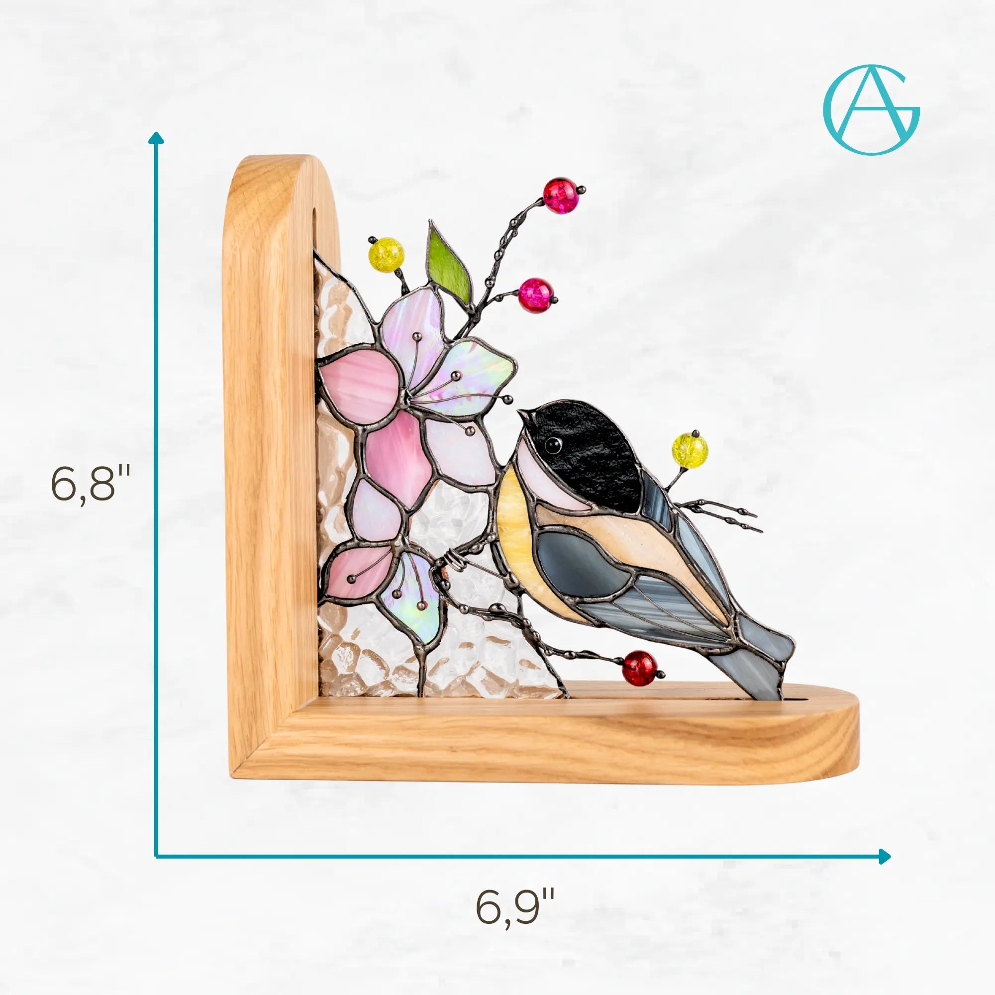 Stained glass bookend with a chickadee and sakura design on a wooden base, with measurements indicated.