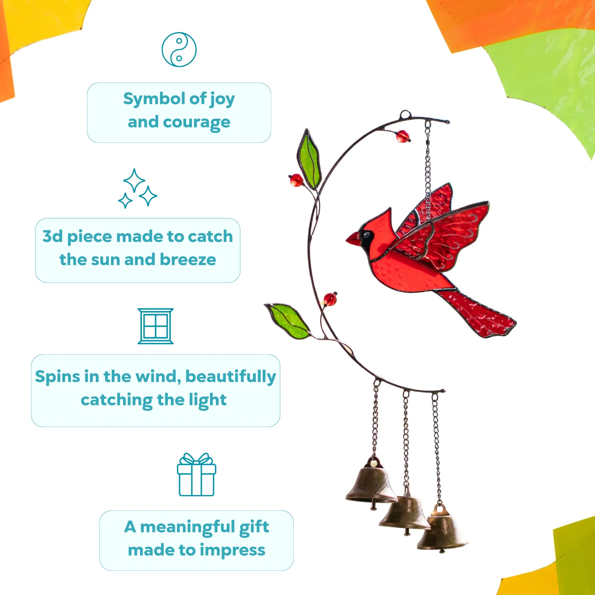 Stained glass red cardinal bird ornament with bells as a symbol of courage