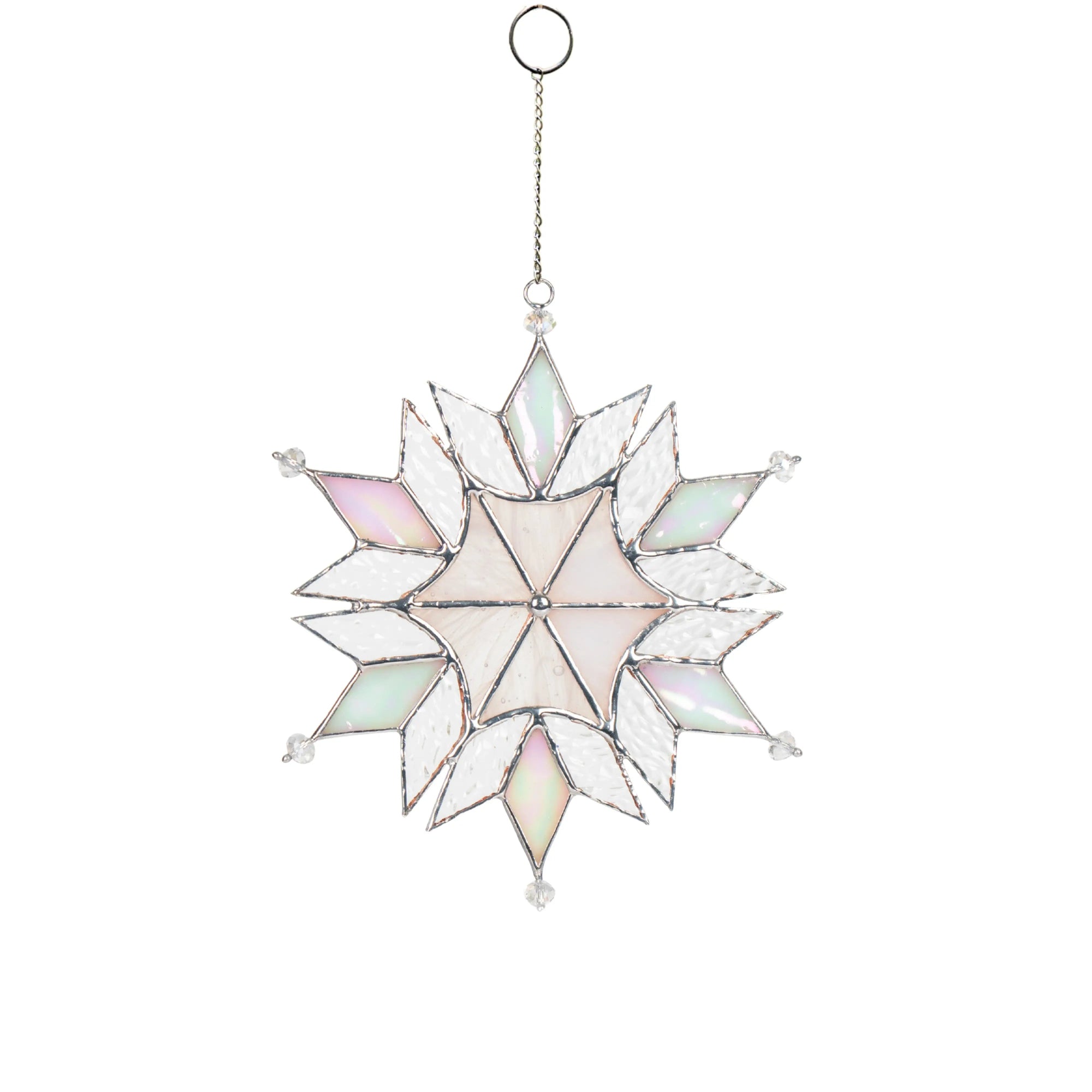Stained galss snowflake ornament with a chain on a white background