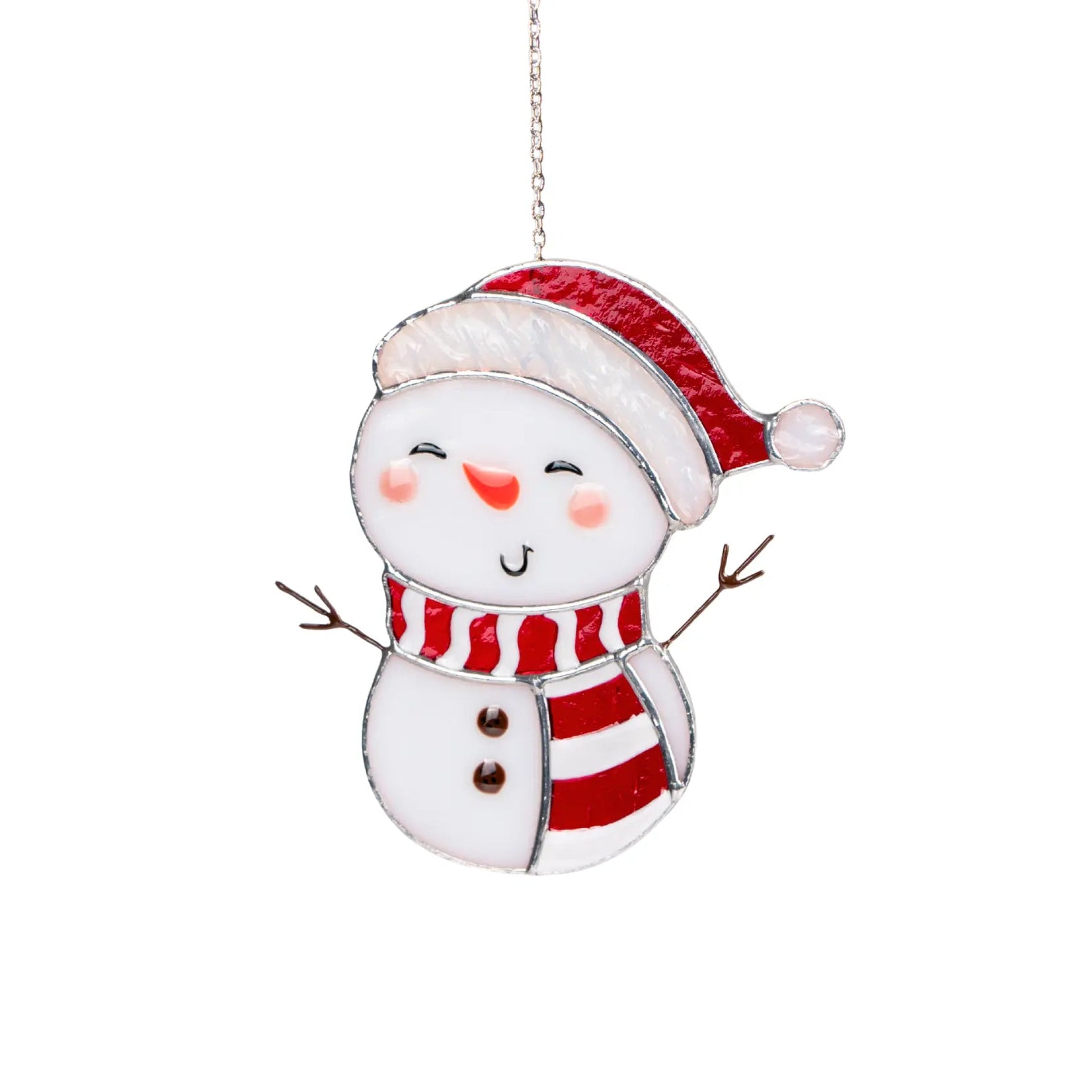 Stained glass snowman ornament with a red hat and scarf on a white background