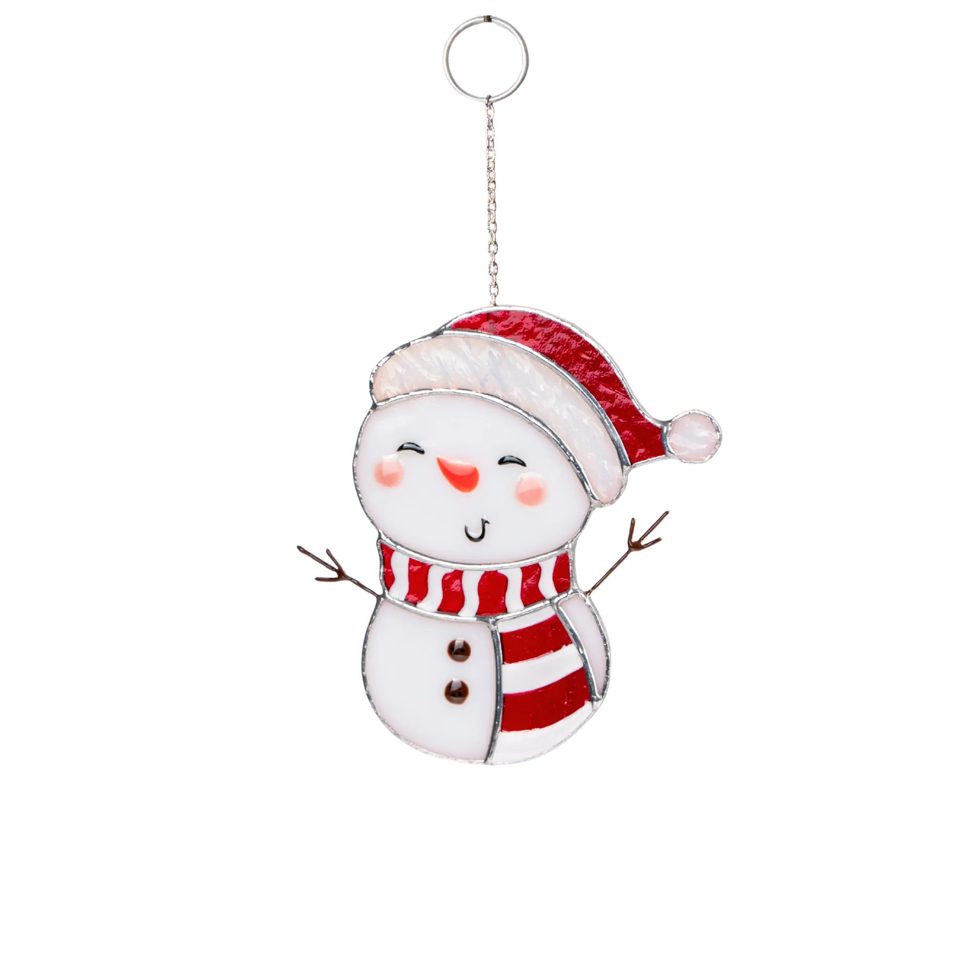Stained glass snowman ornament with a red hat and scarf on a white background