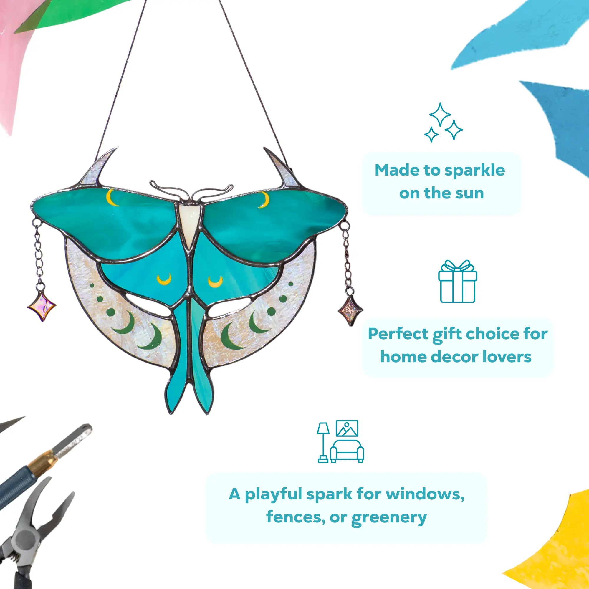 Stained glass Luna Moth suncatcher presented as a perfect gift for celestial home decor lovers.