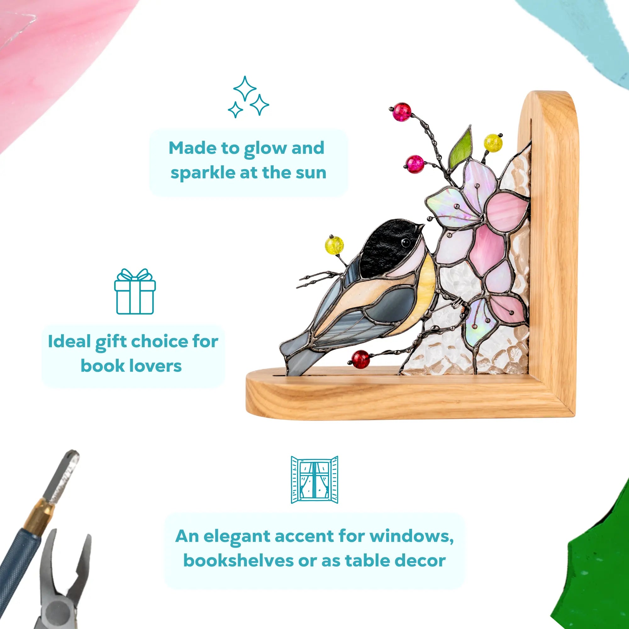 Stained glass chickadee and sakura  flowers bookend on a wooden frame as a gift for book lovers