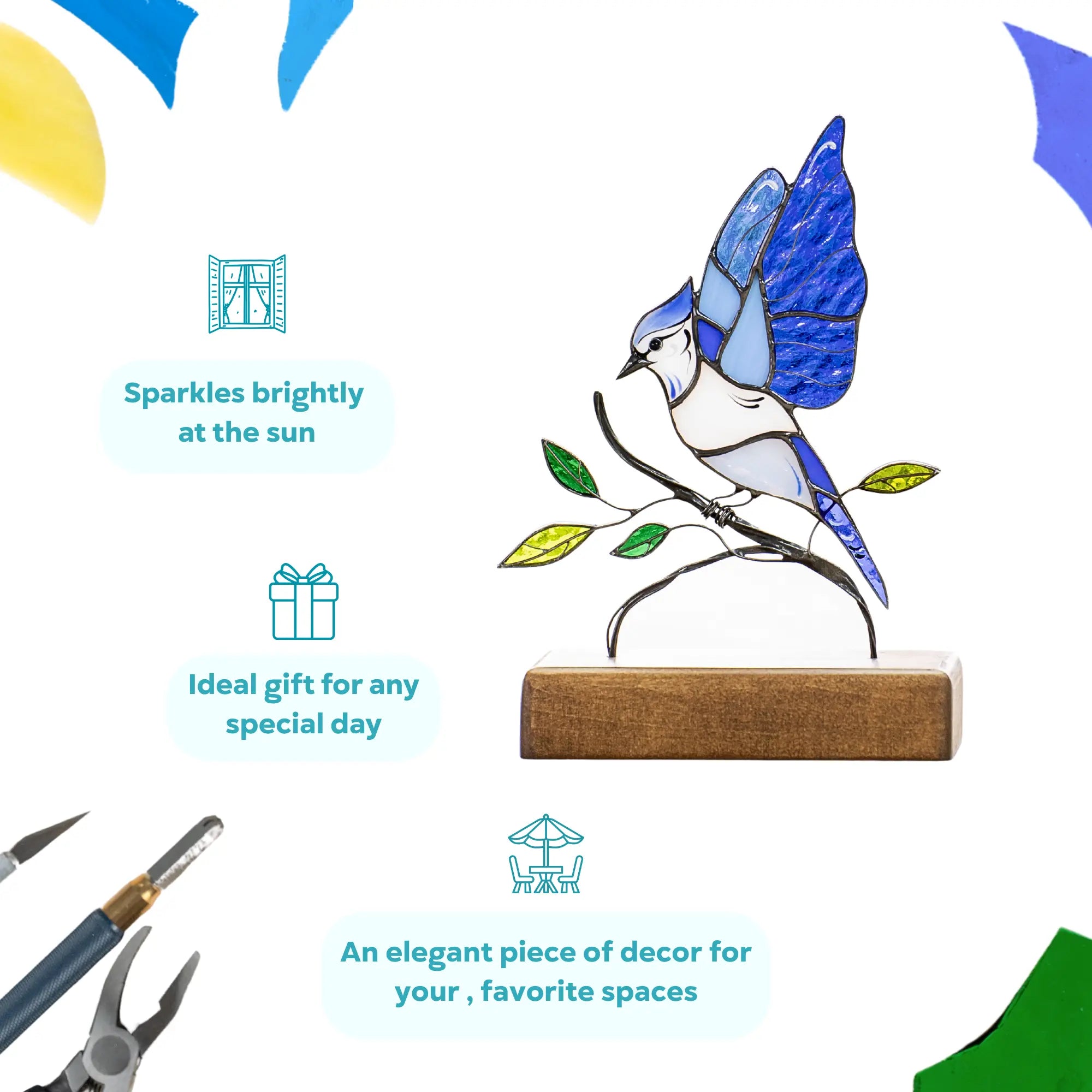 Infographic image highlighting glass blue jay’s sparkle, gift appeal, and home decor usage