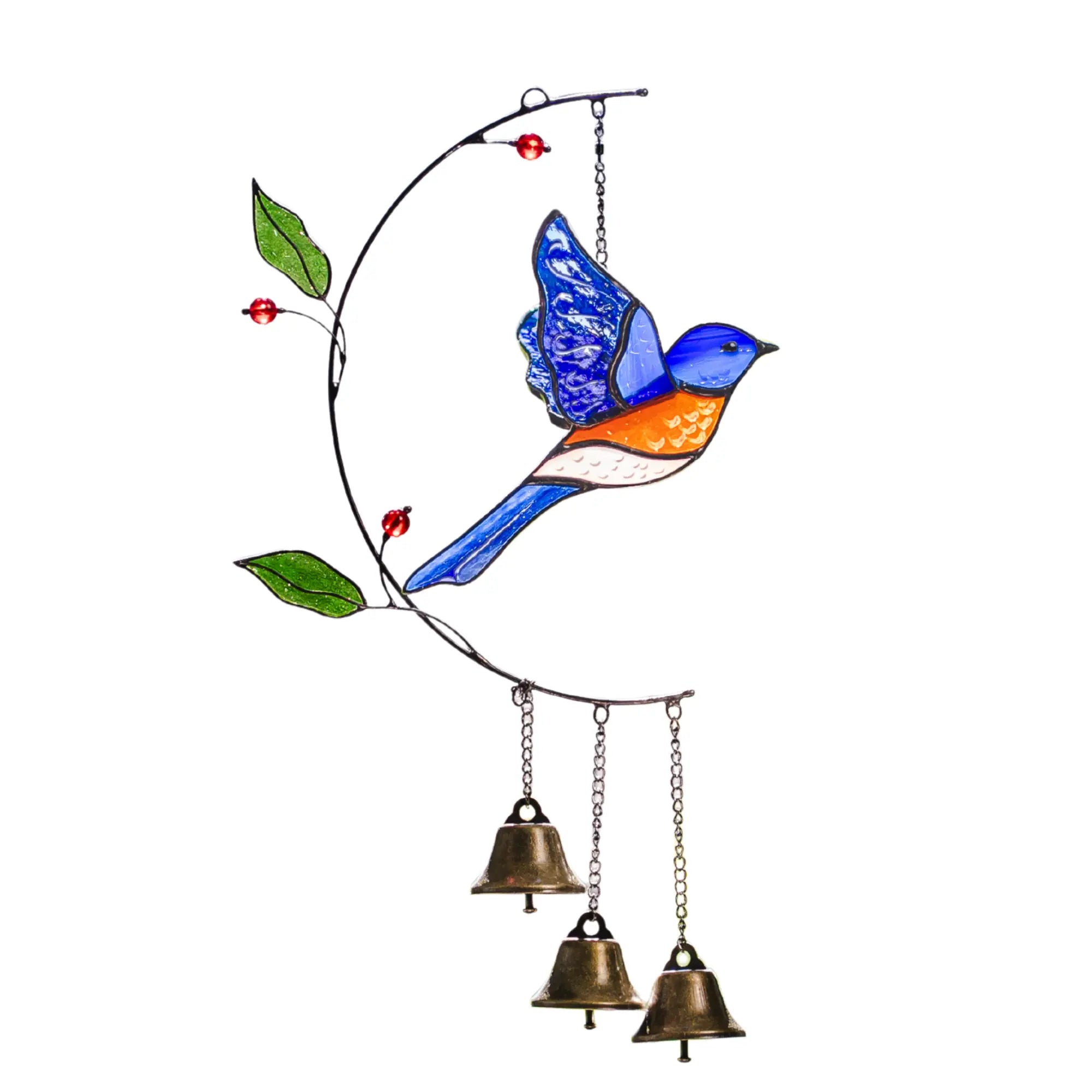 Decorative stained glass bluebird wind chime with bells on a white background