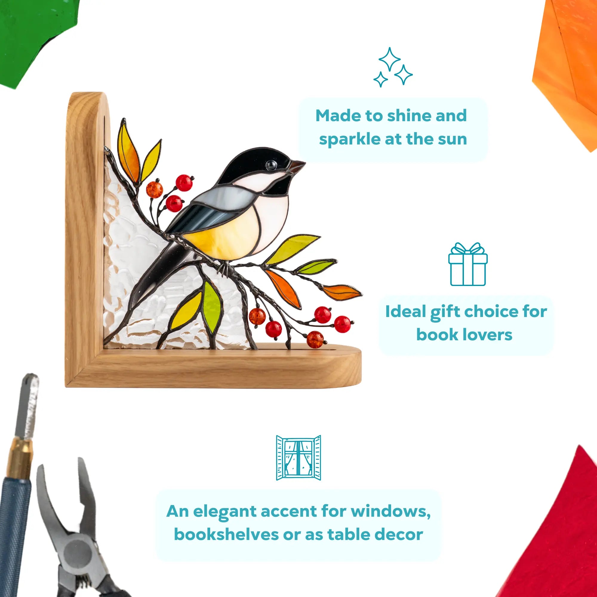 Stained glass bookend chickadee on an ideal gift choice for book lovers
