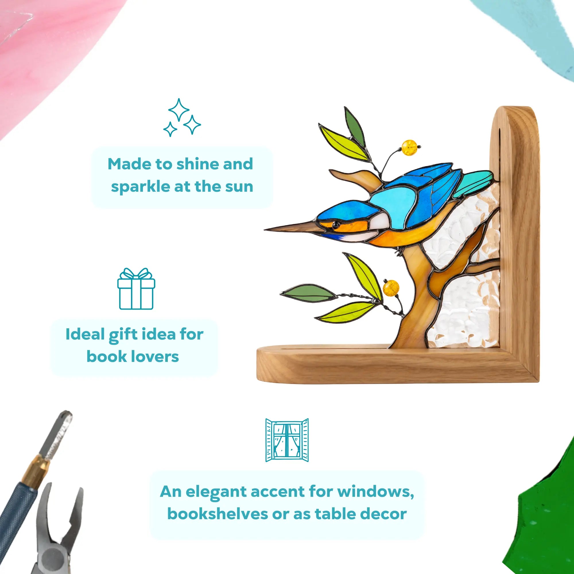 Decorative stained glass bookend kingfisher on a branch with text about its features and uses.