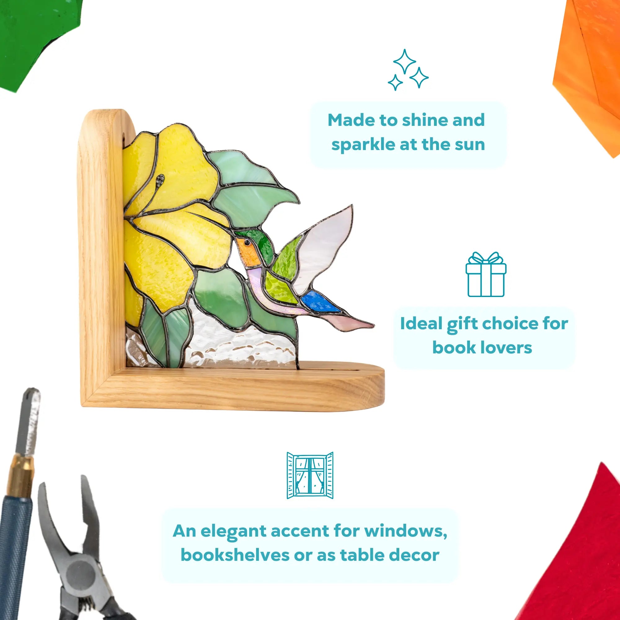 Stained glass bookend with a bird and flower design on a wooden frame, ideal gift choice for book lovers