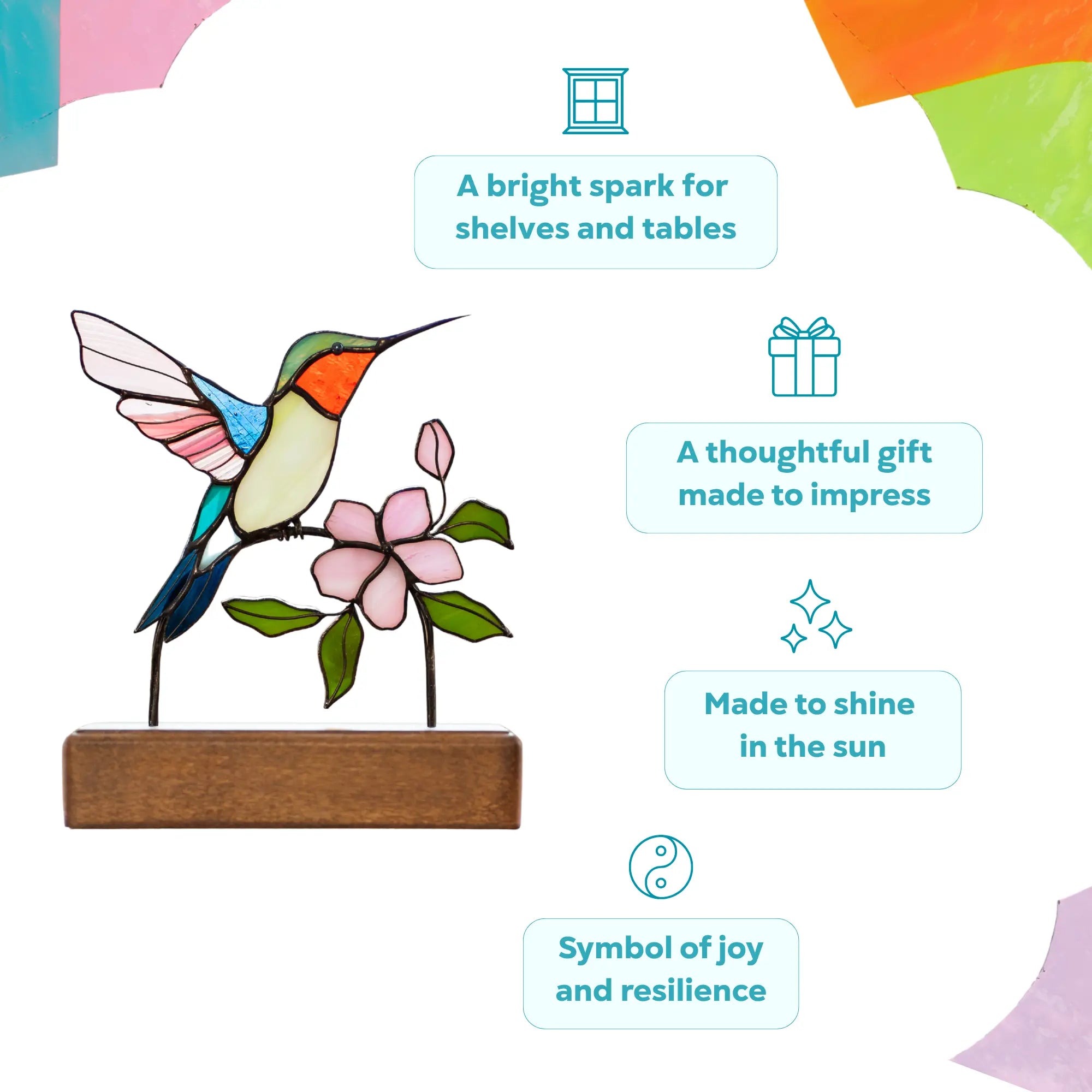 Decorative stained glass hummingbird on a wooden base as a thoughtful gift